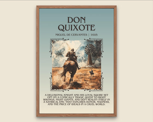 Don Quixote by Miguel De Cervantes Descriptive, High Quality Poster Print.Free Delivery Wall Art. Author&Blurb Book Artwork Novel Nook Gift