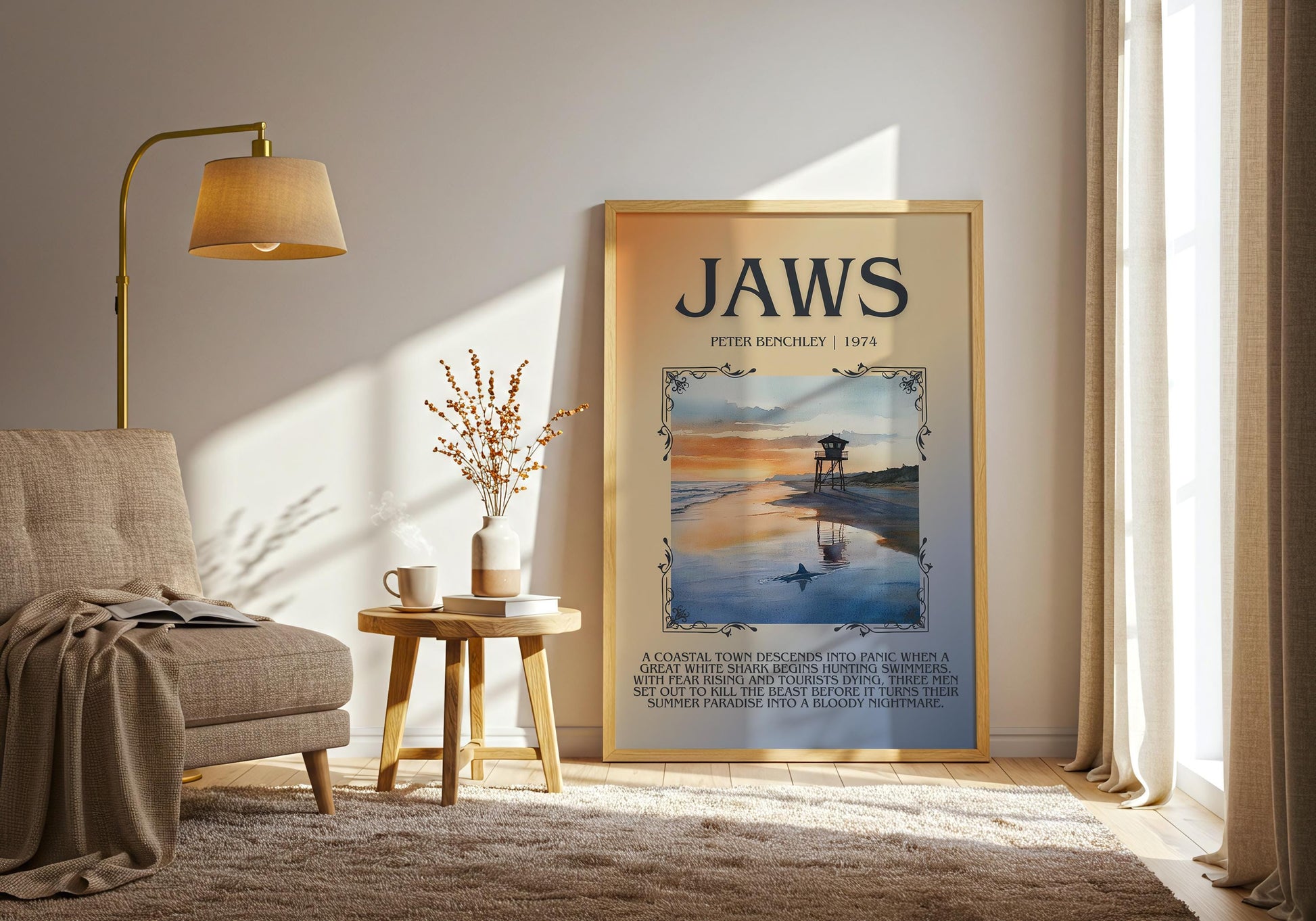Jaws by Peter Benchley Descriptive, High Quality Poster Print.Free Delivery Wall Art. Author&Blurb Book Artwork Novel Nook Library Gift