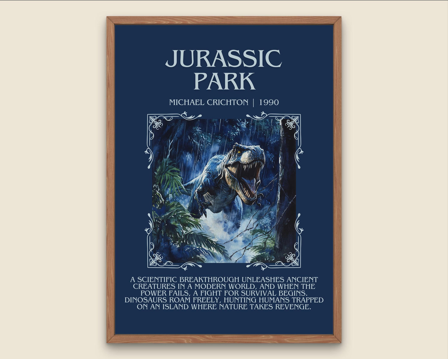 Jurassic Park by Michael Crichton Descriptive, High Quality Poster Print.Free Delivery Wall Art. Author&Blurb Book Artwork Novel Nook
