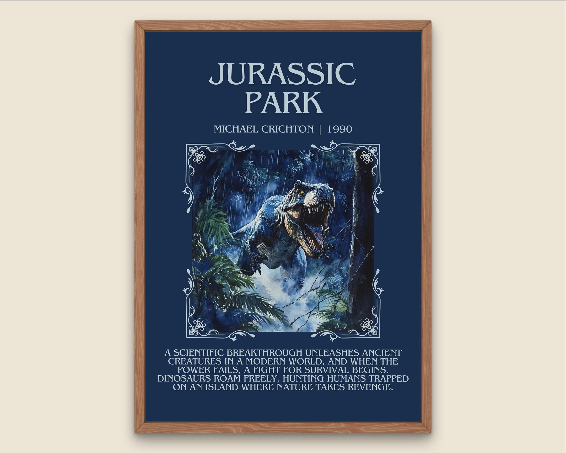 Jurassic Park by Michael Crichton Descriptive, High Quality Poster Print.Free Delivery Wall Art. Author&Blurb Book Artwork Novel Nook