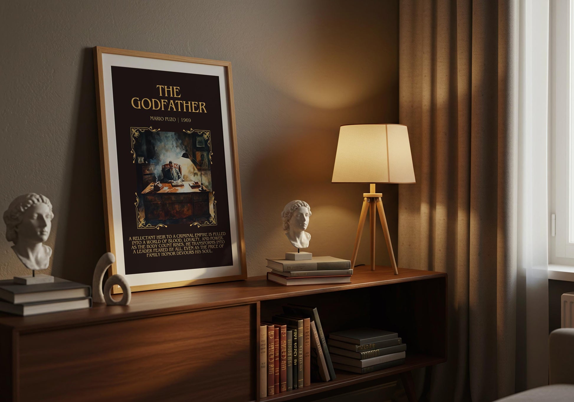 The Godfather by Mario Puzo Descriptive, High Quality Poster Print.Free Delivery Wall Art. Author&Blurb Book Library Nook Gift Movie