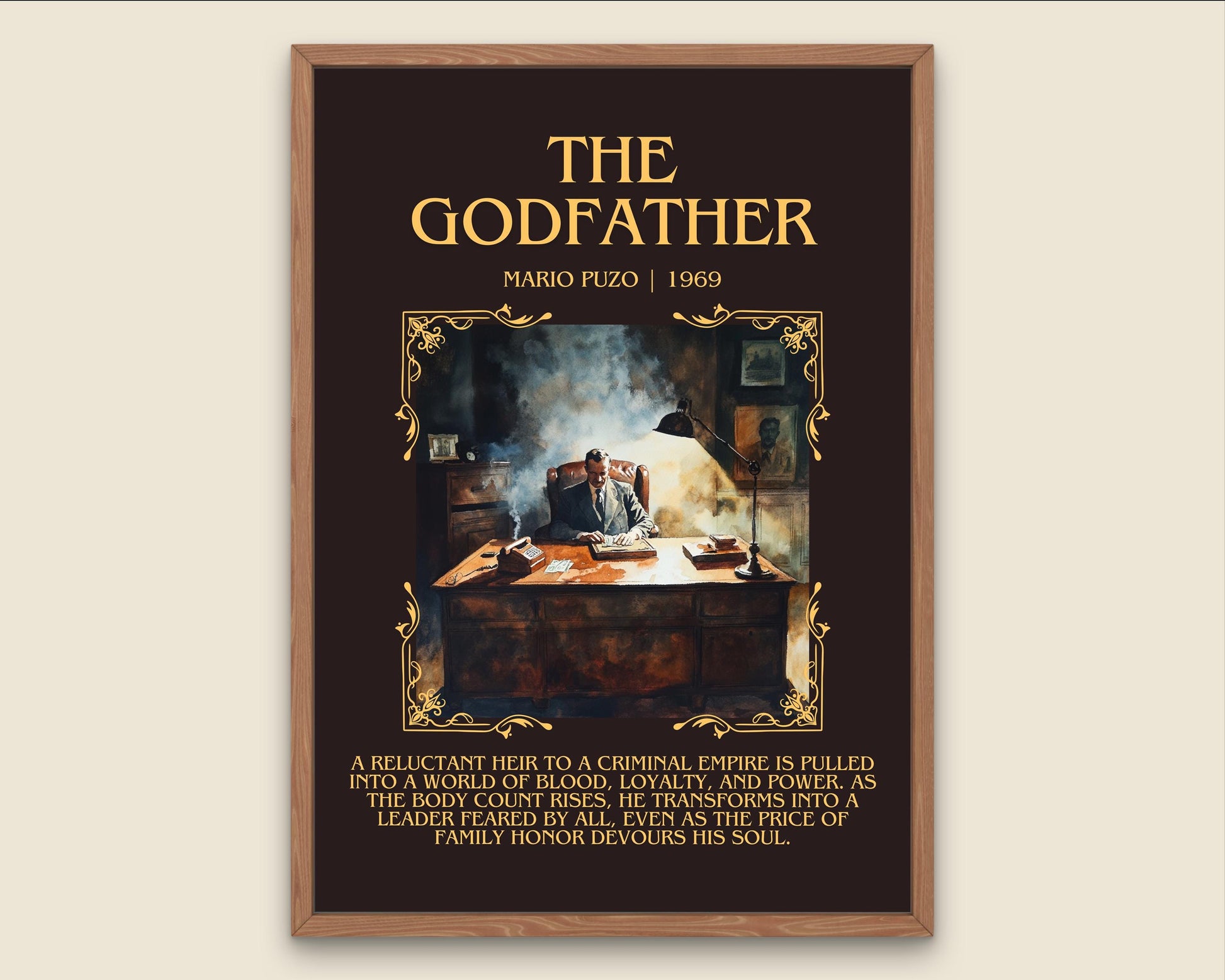 The Godfather by Mario Puzo Descriptive, High Quality Poster Print.Free Delivery Wall Art. Author&Blurb Book Library Nook Gift Movie