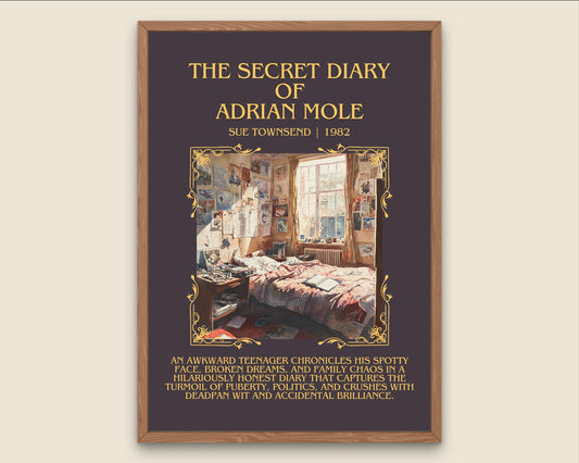 The Secret Diary Of Adrian Mole by Sue Townsend Descriptive, High Quality Poster Print.Free Delivery Wall Art. Author&Blurb Book Library