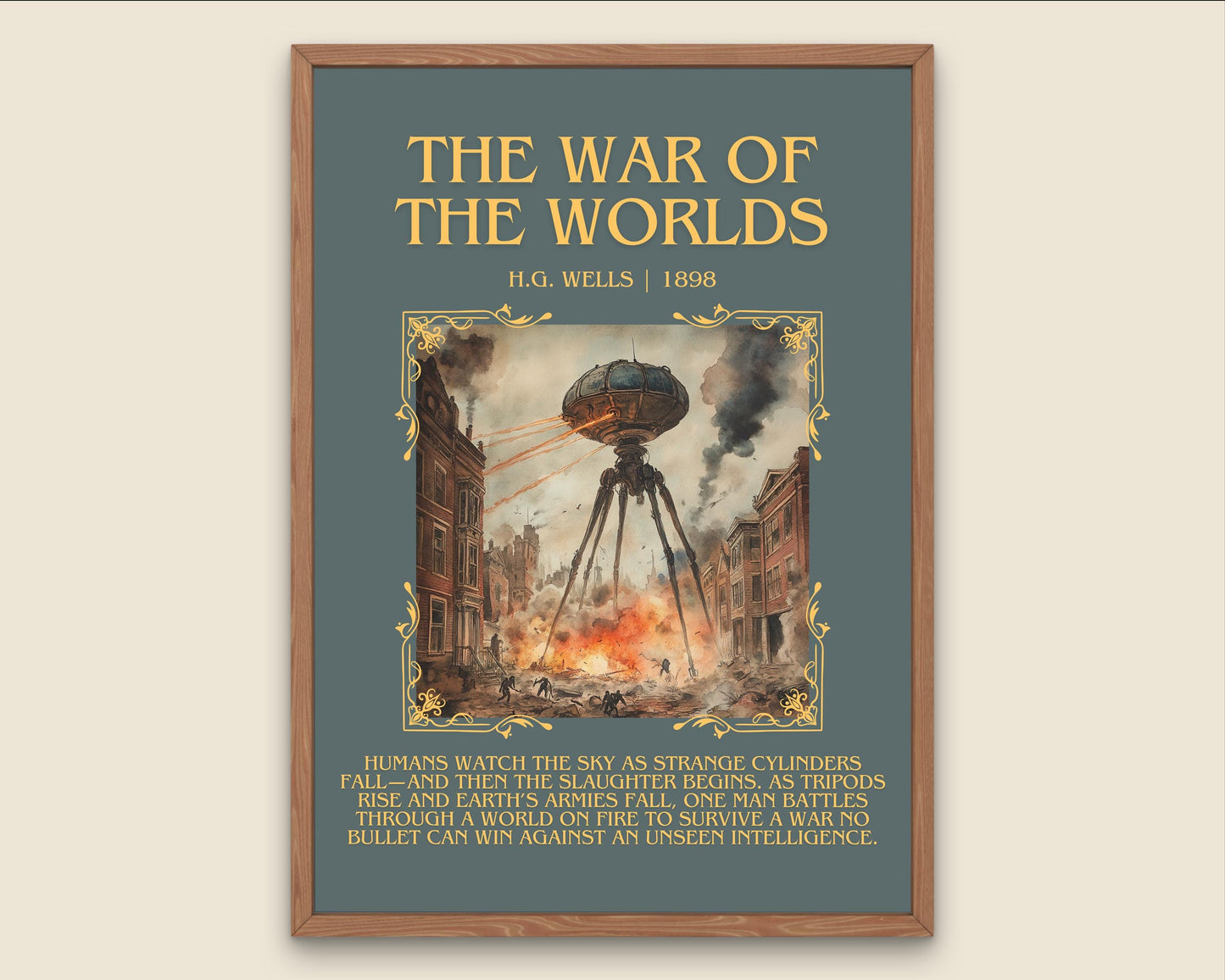The War Of The Worlds by H.G. Wells Descriptive, High Quality Poster Print.Free Delivery Wall Art. Author&Blurb Book Library Nook Gift