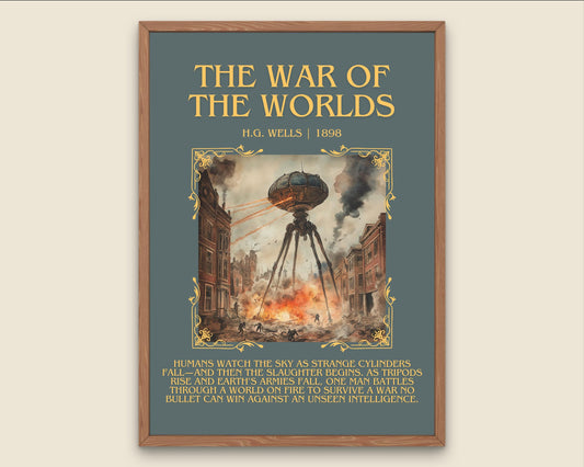 The War Of The Worlds by H.G. Wells Descriptive, High Quality Poster Print.Free Delivery Wall Art. Author&Blurb Book Library Nook Gift