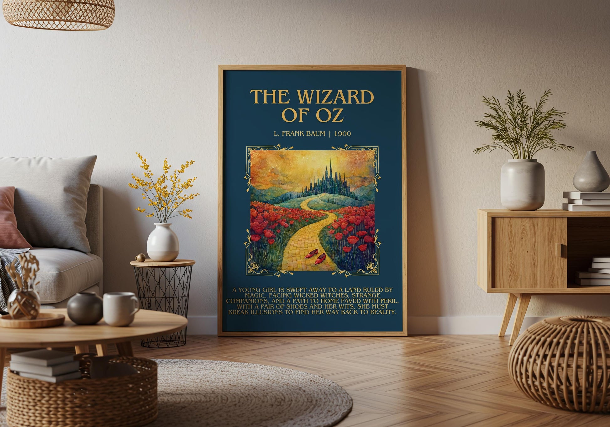 The Wizard Of Oz by L. Frank Baum Descriptive, High Quality Poster Print.Free Delivery Wall Art. Author&Blurb Book Library Nook Movie