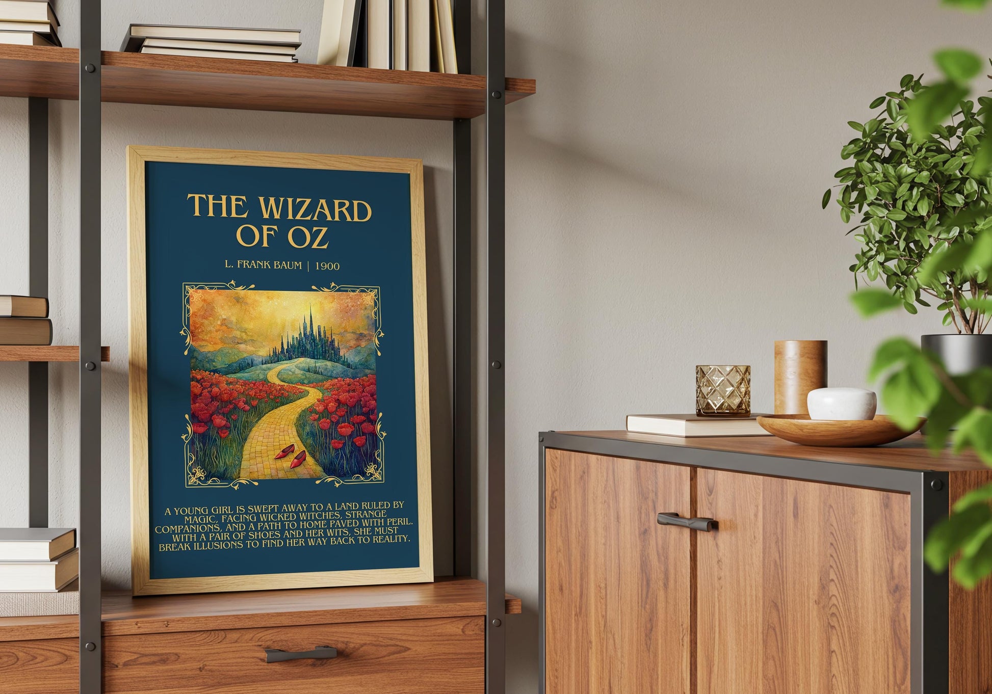 The Wizard Of Oz by L. Frank Baum Descriptive, High Quality Poster Print.Free Delivery Wall Art. Author&Blurb Book Library Nook Movie