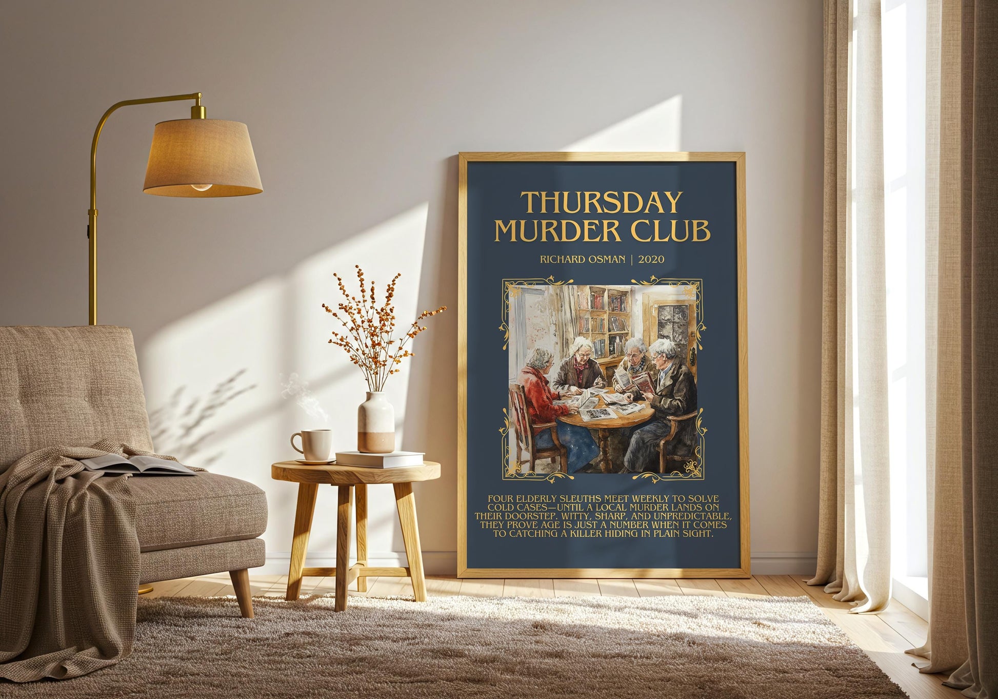 Thursday Murder Club by Richard Osman Descriptive, High Quality Poster Print.Free Delivery Wall Art. Author&Blurb Book Library Nook Gift