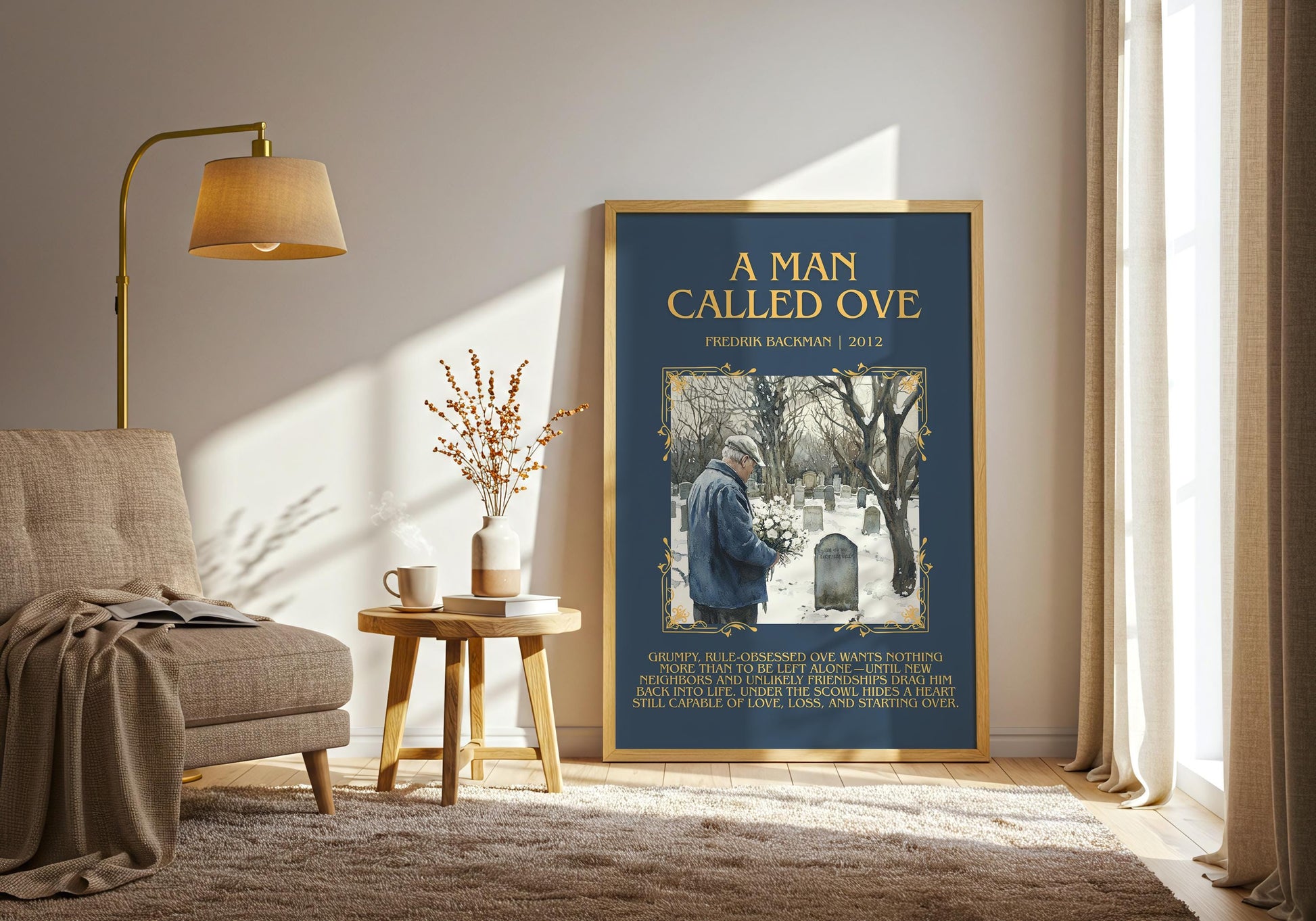 A Man Called Ove by Fredrik Backman Descriptive, High Quality Poster Print.Free Delivery Wall Art. Author&Blurb Book Library Nook Gift