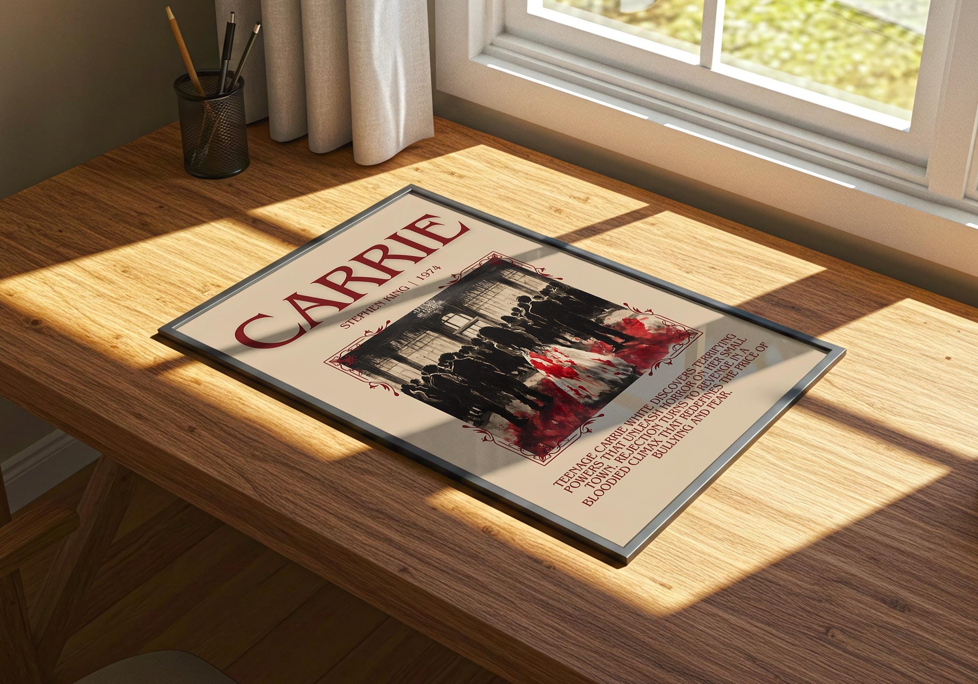 Carrie by Stephen King Descriptive, High Quality Poster Print.Free Delivery Wall Art. Author&Blurb Book Library Nook Gift