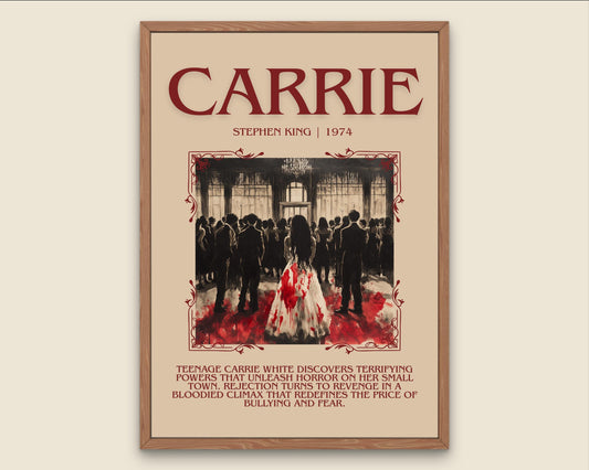 Carrie by Stephen King Descriptive, High Quality Poster Print.Free Delivery Wall Art. Author&Blurb Book Library Nook Gift