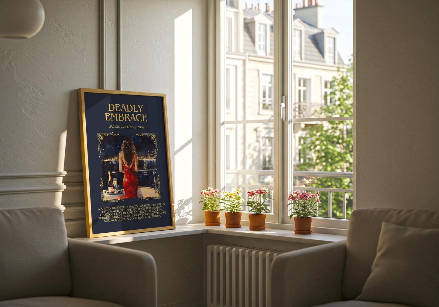 Deadly Embrace by Jackie Collins Descriptive, High Quality Poster Print.Free Delivery Wall Art.Author&Blurb Book Library Nook Gift