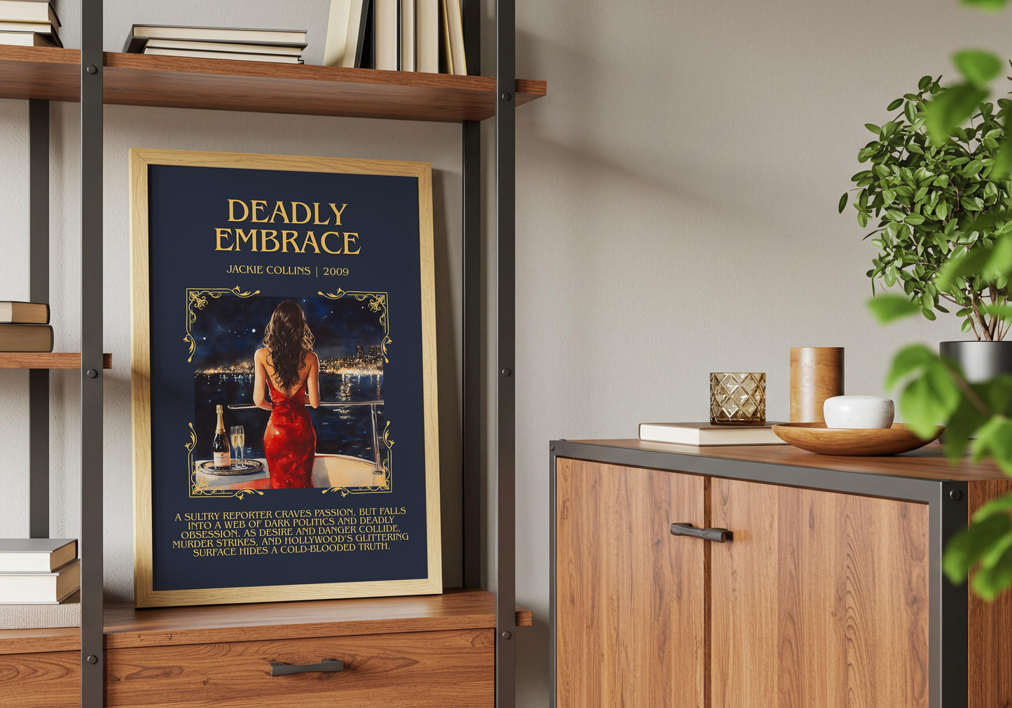 Deadly Embrace by Jackie Collins Descriptive, High Quality Poster Print.Free Delivery Wall Art.Author&Blurb Book Library Nook Gift