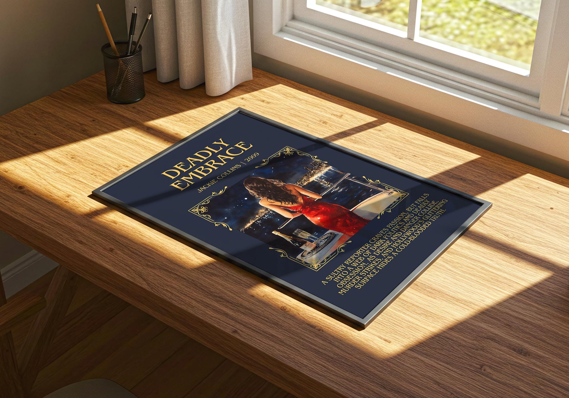 Deadly Embrace by Jackie Collins Descriptive, High Quality Poster Print.Free Delivery Wall Art.Author&Blurb Book Library Nook Gift