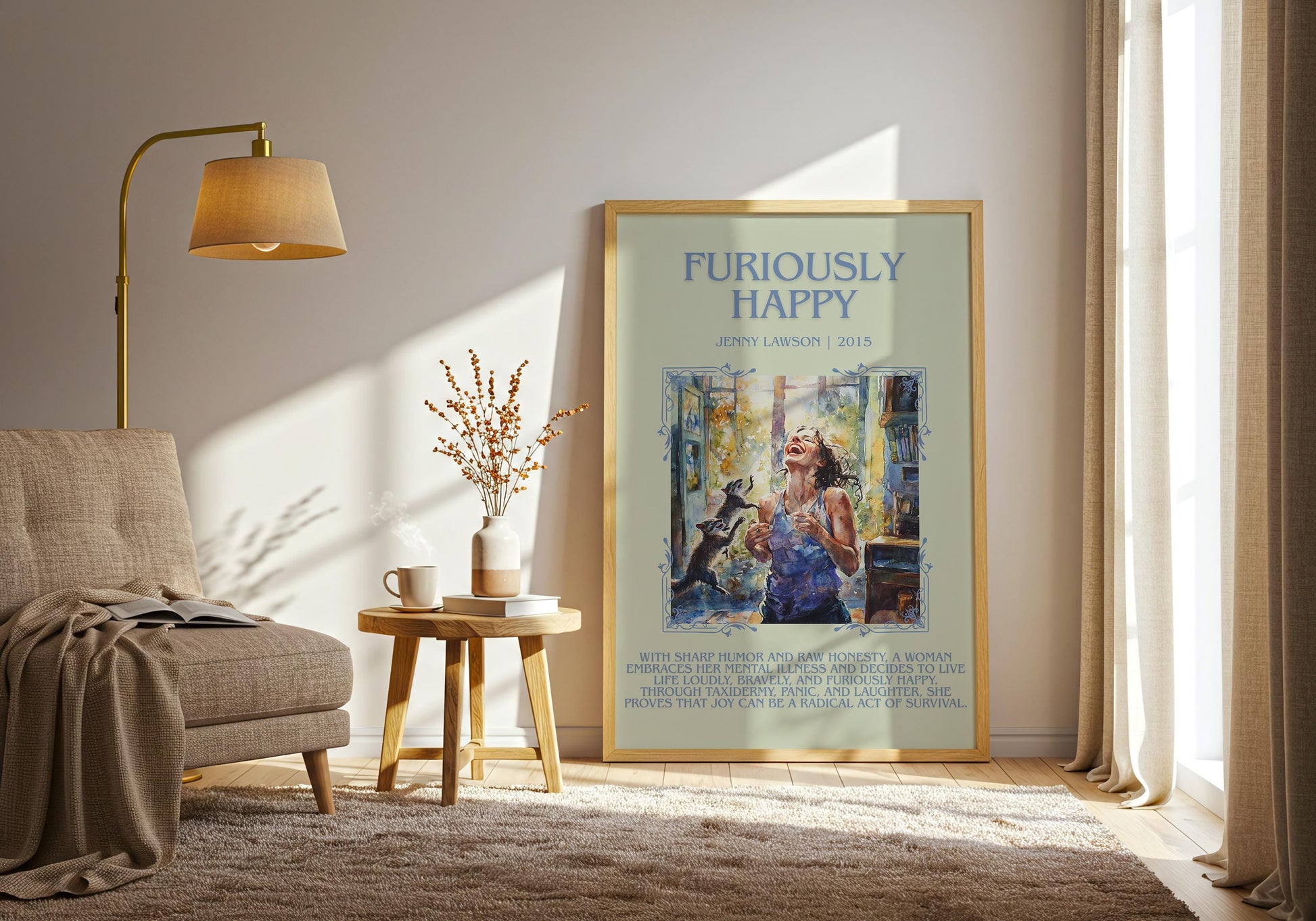 Furiously Happy by Jenny Lawson Descriptive, High Quality Poster Print.Free Delivery Wall Art.Author&Blurb Book Library Nook Gift