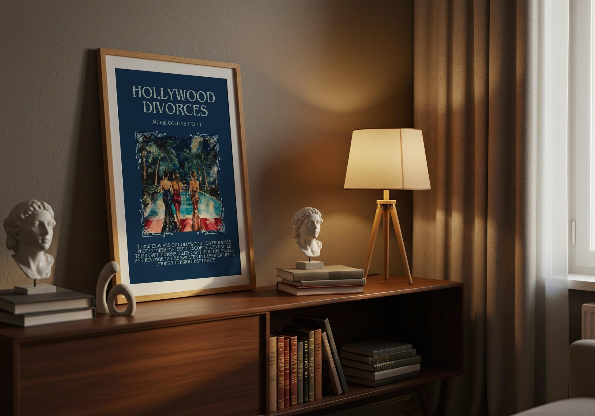 Hollywood Divorces by Jackie Collins Descriptive, High Quality Poster Print.Free Delivery Wall Art.Author&Blurb Book Library Nook Gift