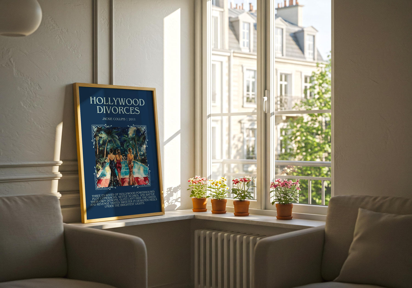 Hollywood Divorces by Jackie Collins Descriptive, High Quality Poster Print.Free Delivery Wall Art.Author&Blurb Book Library Nook Gift