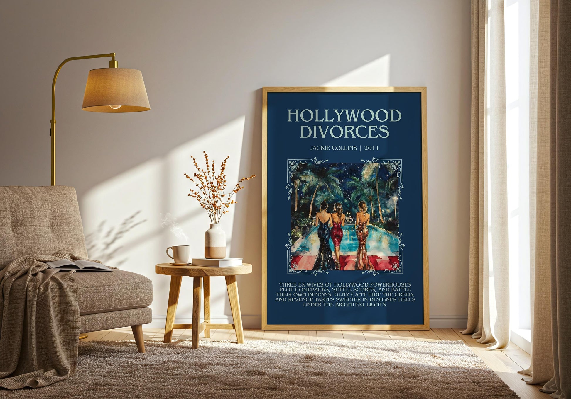 Hollywood Divorces by Jackie Collins Descriptive, High Quality Poster Print.Free Delivery Wall Art.Author&Blurb Book Library Nook Gift