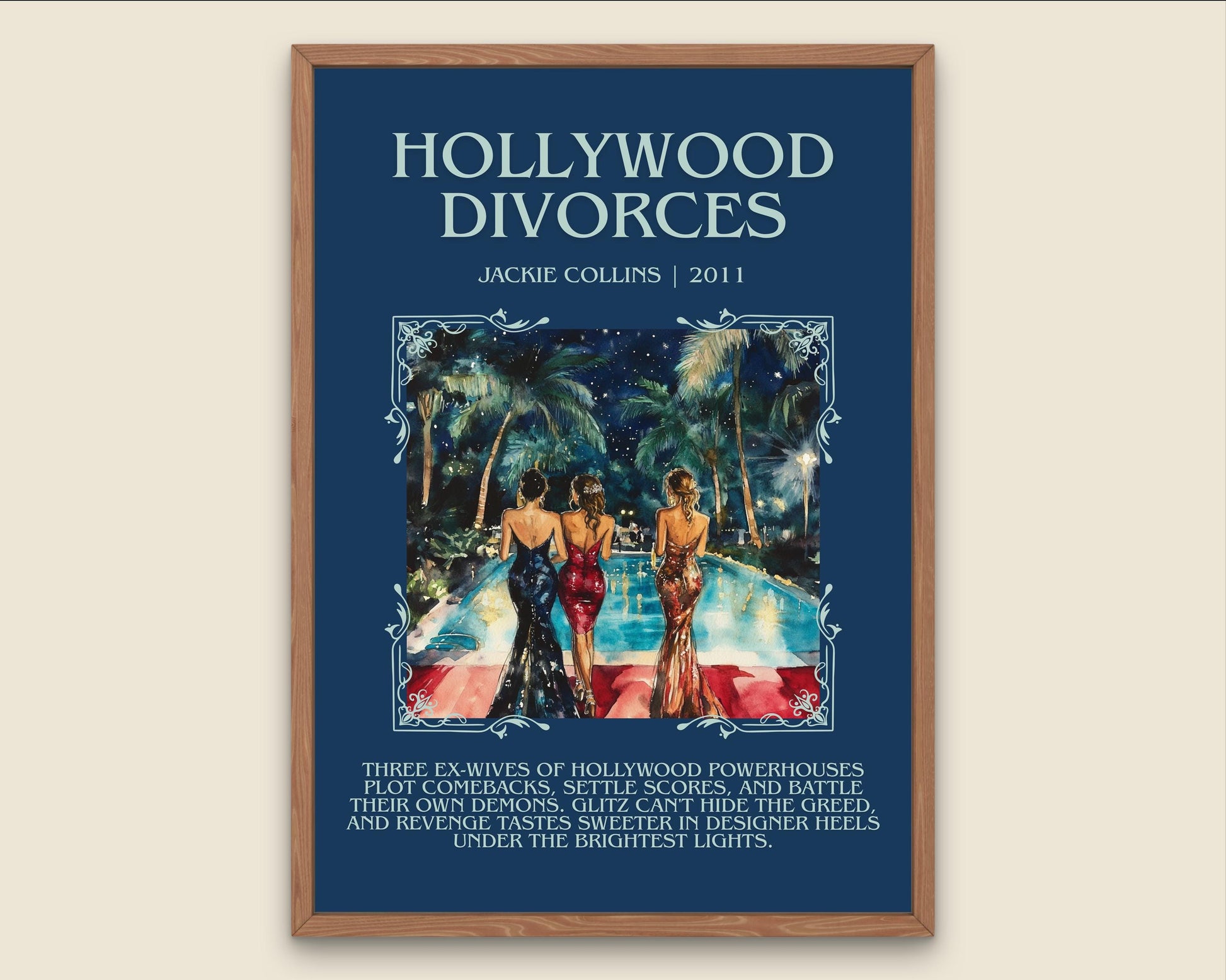 Hollywood Divorces by Jackie Collins Descriptive, High Quality Poster Print.Free Delivery Wall Art.Author&Blurb Book Library Nook Gift