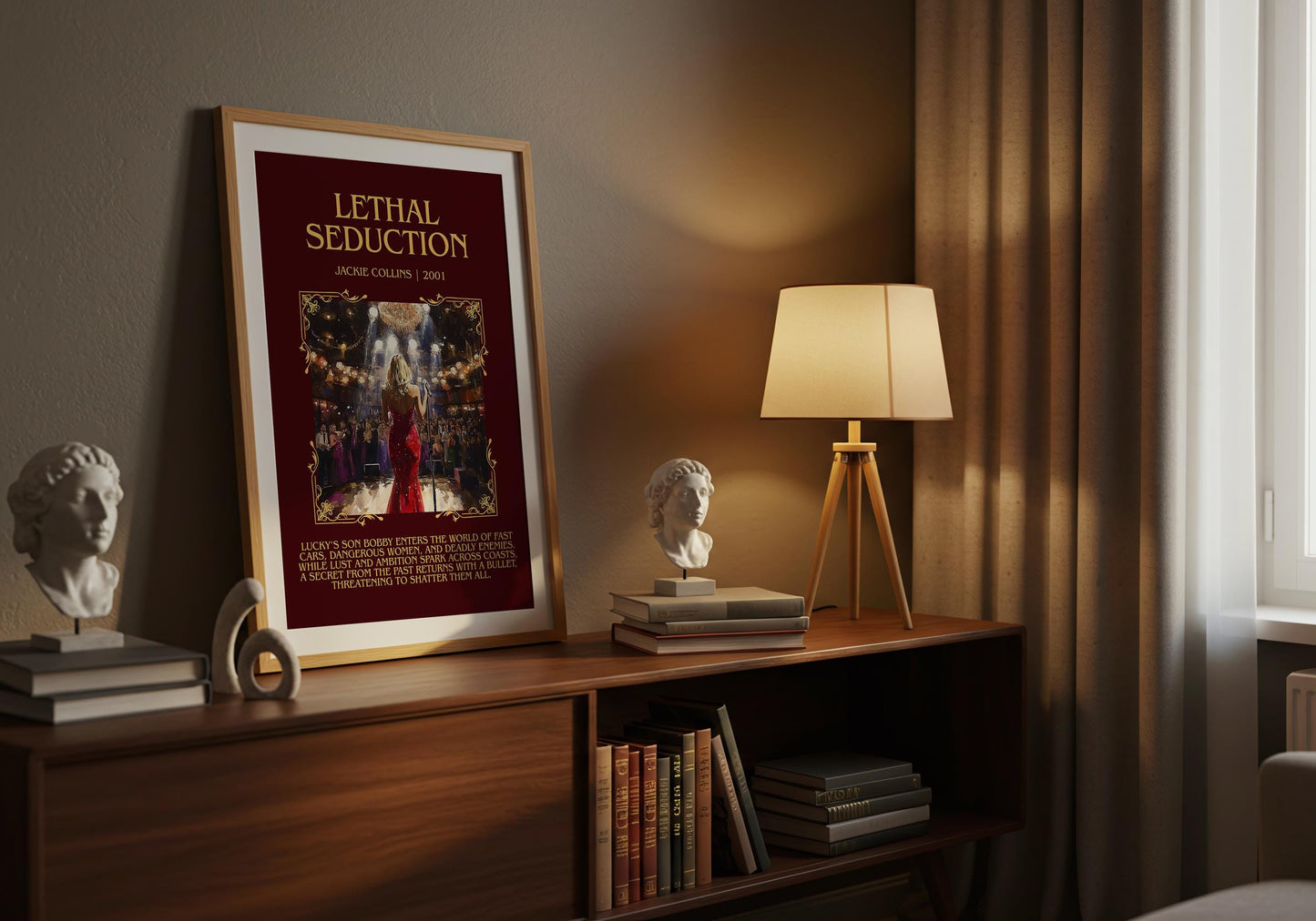 Lethal Seduction by Jackie Collins Descriptive, High Quality Poster Print.Free Delivery Wall Art.Author&Blurb Book Nook Gift Library