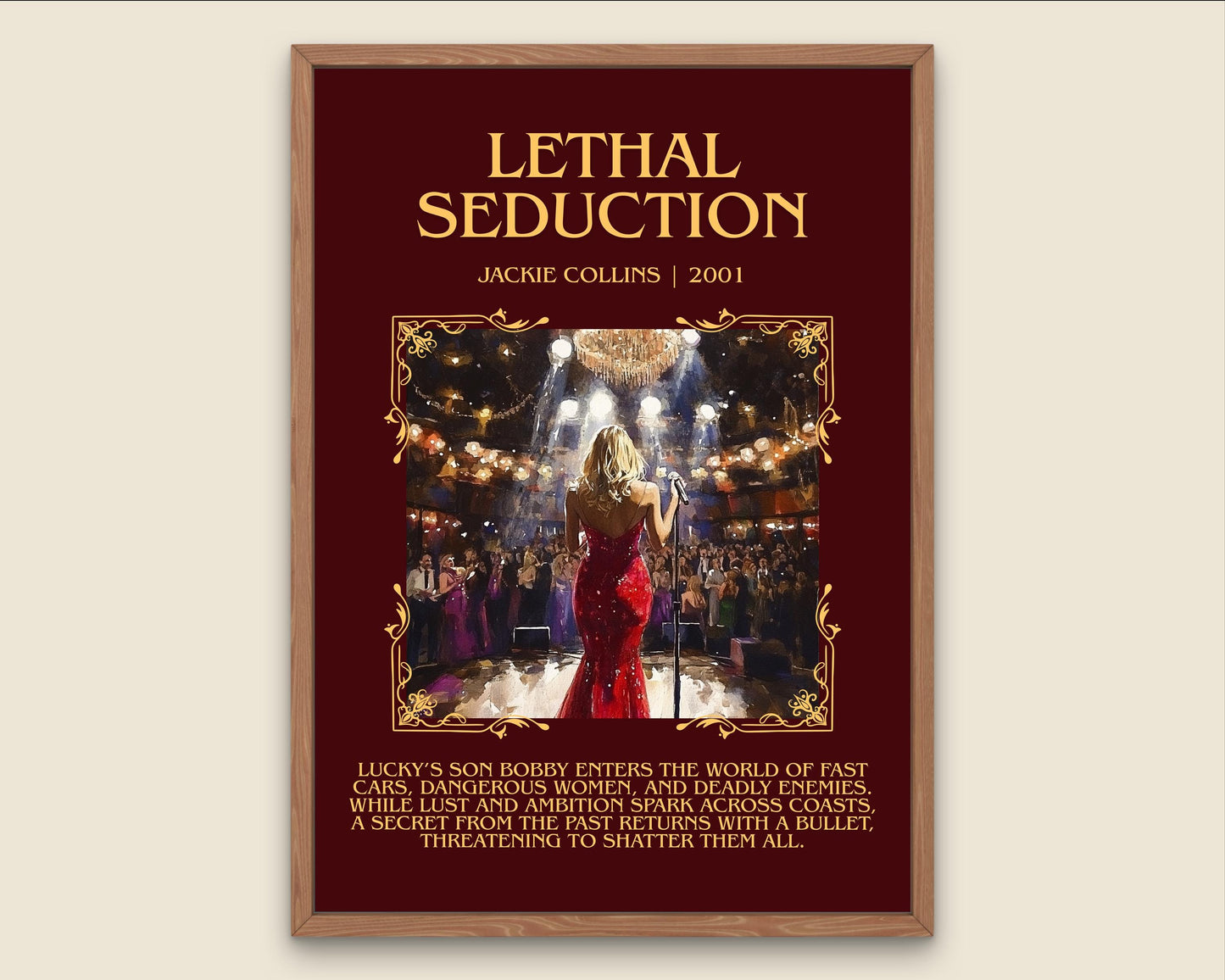 Lethal Seduction by Jackie Collins Descriptive, High Quality Poster Print.Free Delivery Wall Art.Author&Blurb Book Nook Gift Library