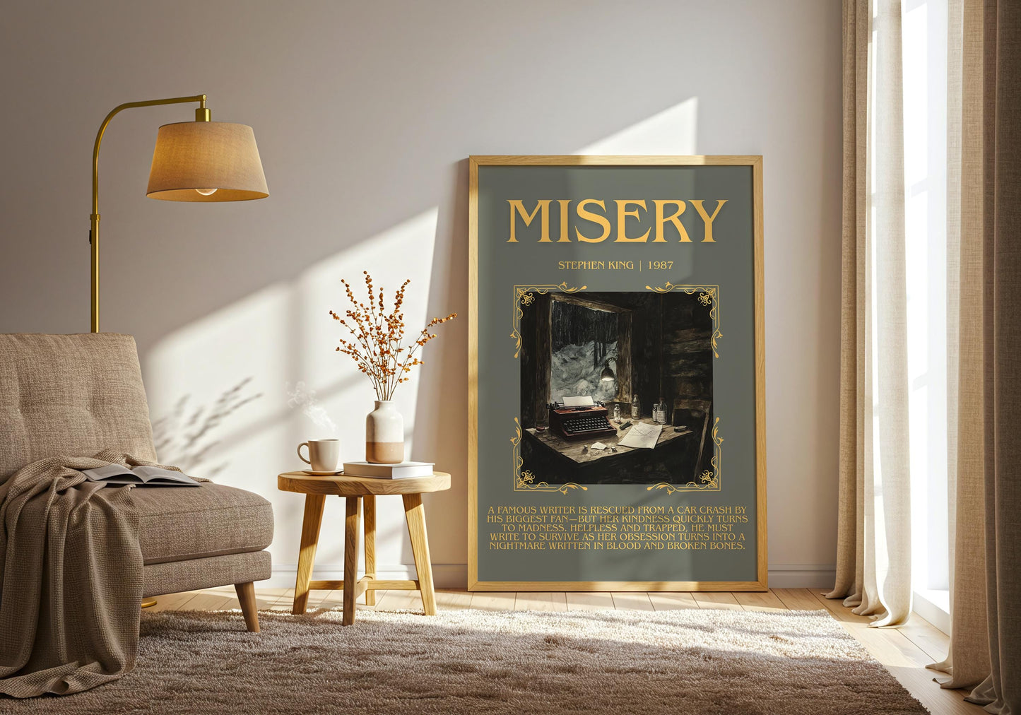 Misery by Stephen King Descriptive, High Quality Poster Print.Free Delivery Wall Art.Author&Blurb Book Library Nook Gift for kids