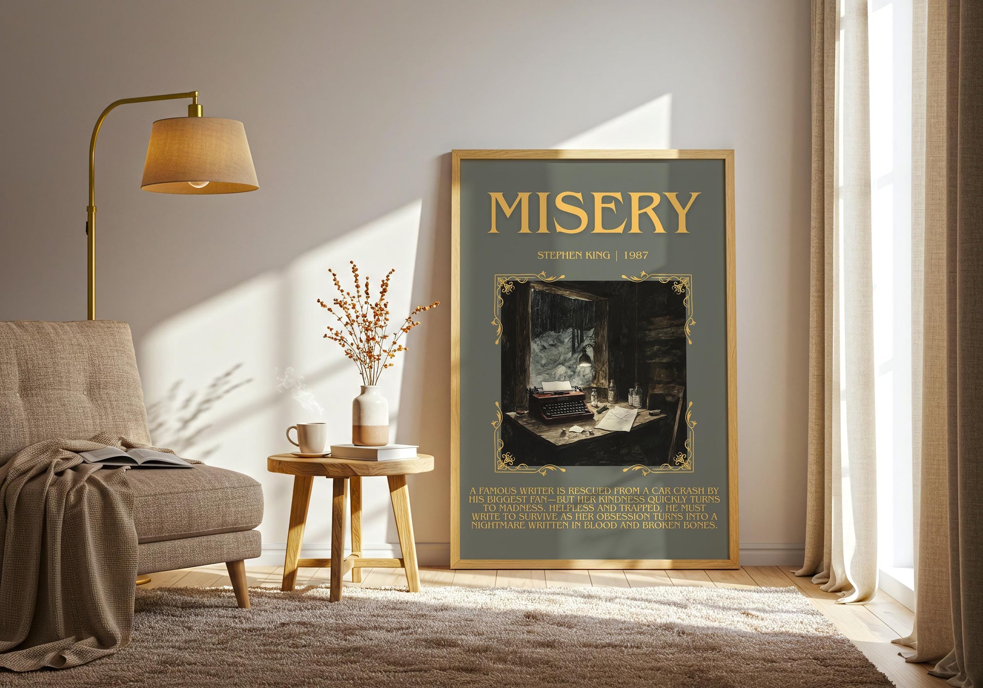Misery by Stephen King Descriptive, High Quality Poster Print.Free Delivery Wall Art.Author&Blurb Book Library Nook Gift for kids