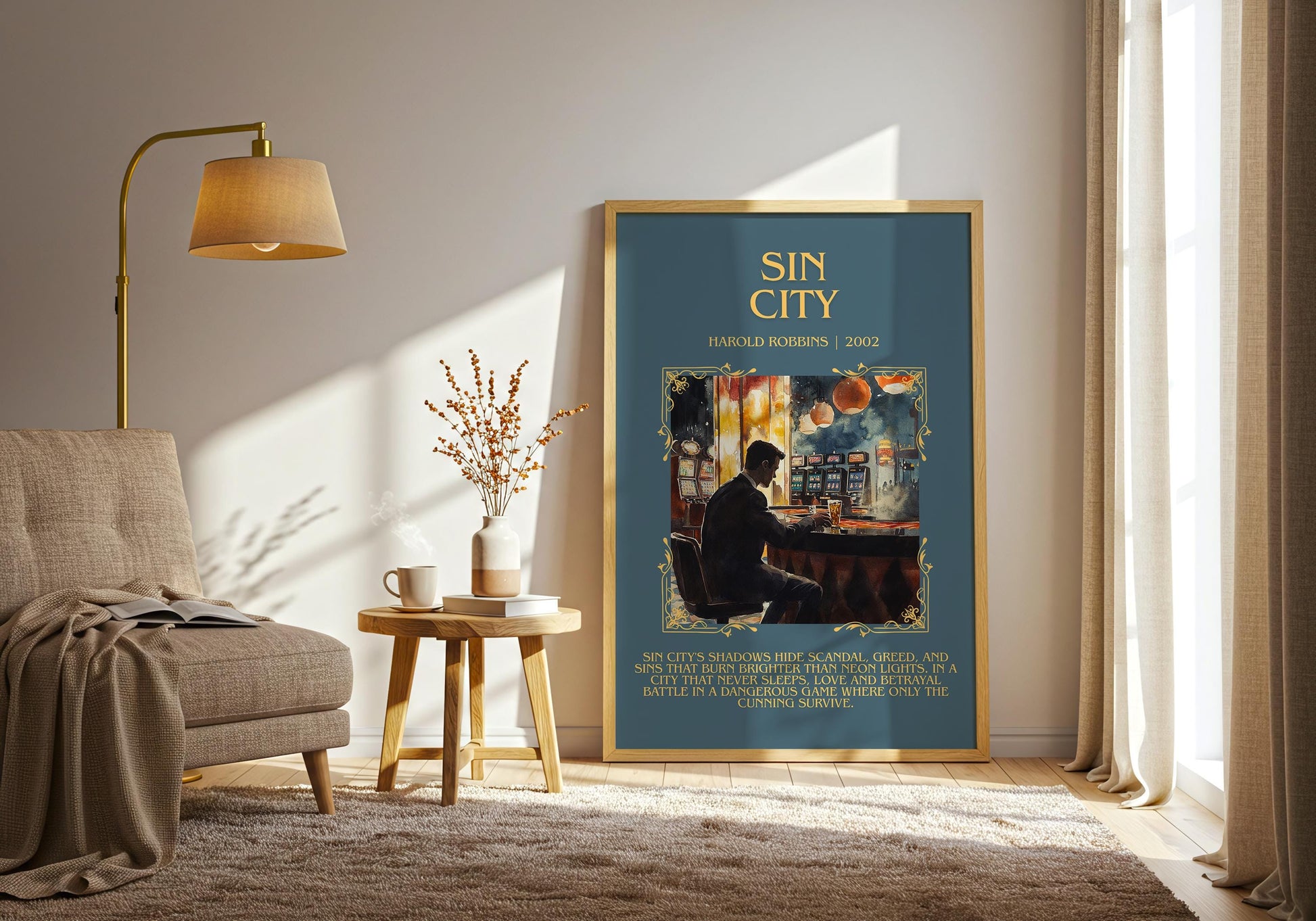 Sin City by Harold Robbins Descriptive, High Quality Poster Print.Free Delivery Wall Art.Author&Blurb Book Nook Gift Library