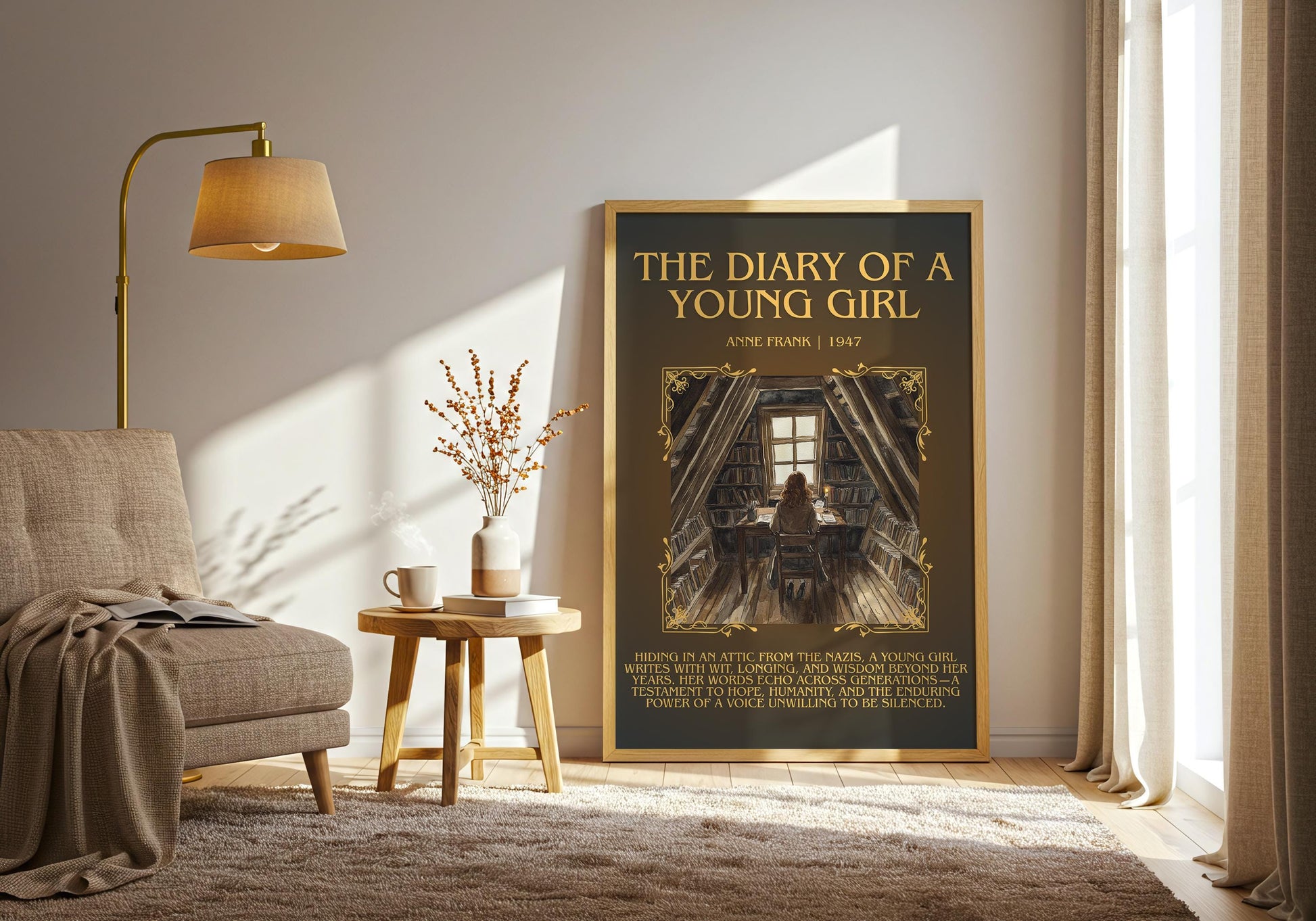 The Diary Of A Young Girl by Anne Frank Descriptive, High Quality Poster Print.Free Delivery Wall Art.Author&Blurb Book Nook Gift Library