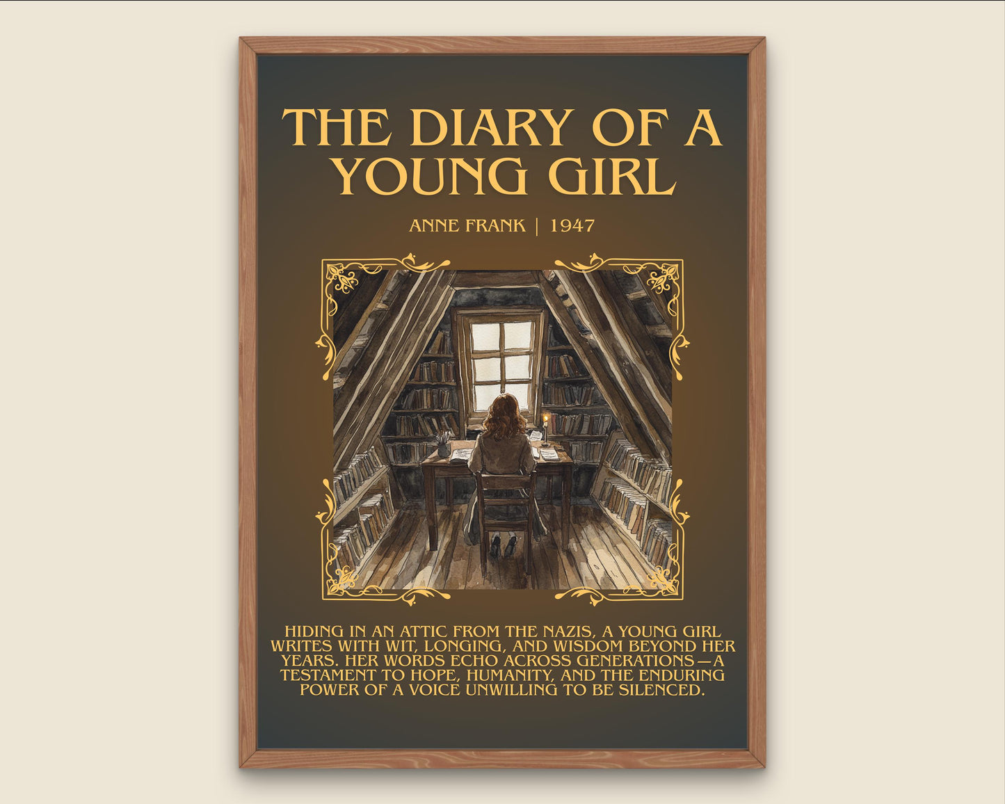 The Diary Of A Young Girl by Anne Frank Descriptive, High Quality Poster Print.Free Delivery Wall Art.Author&Blurb Book Nook Gift Library