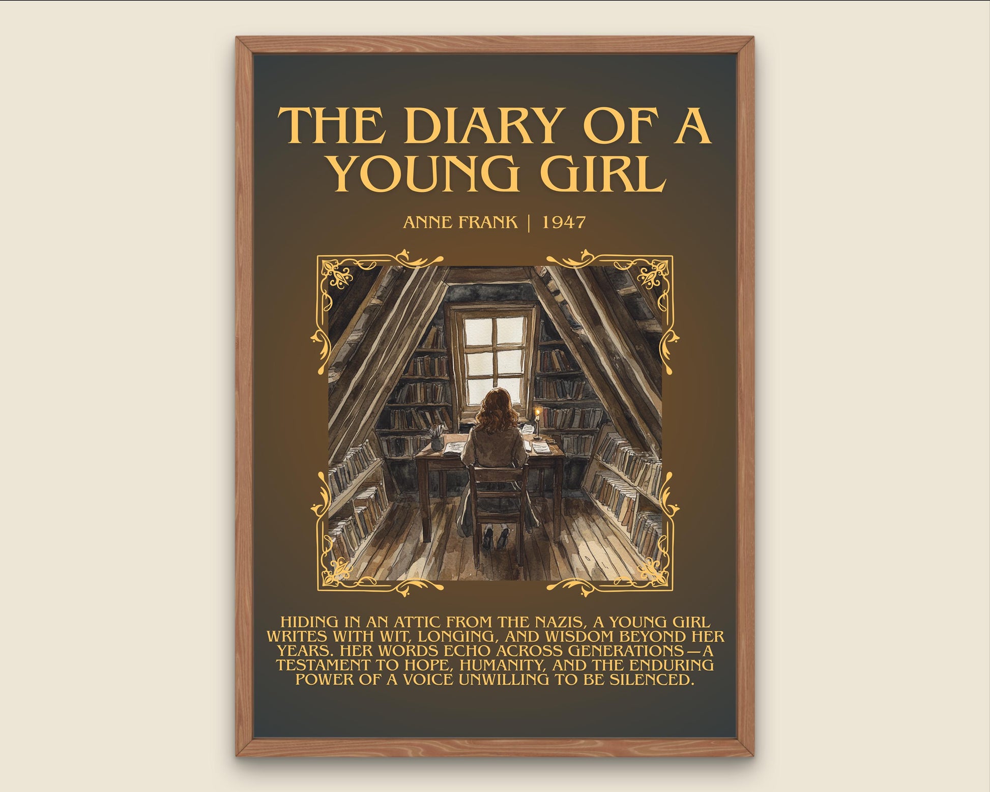 The Diary Of A Young Girl by Anne Frank Descriptive, High Quality Poster Print.Free Delivery Wall Art.Author&Blurb Book Nook Gift Library