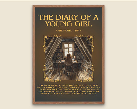 The Diary Of A Young Girl by Anne Frank Descriptive, High Quality Poster Print.Free Delivery Wall Art.Author&Blurb Book Nook Gift Library