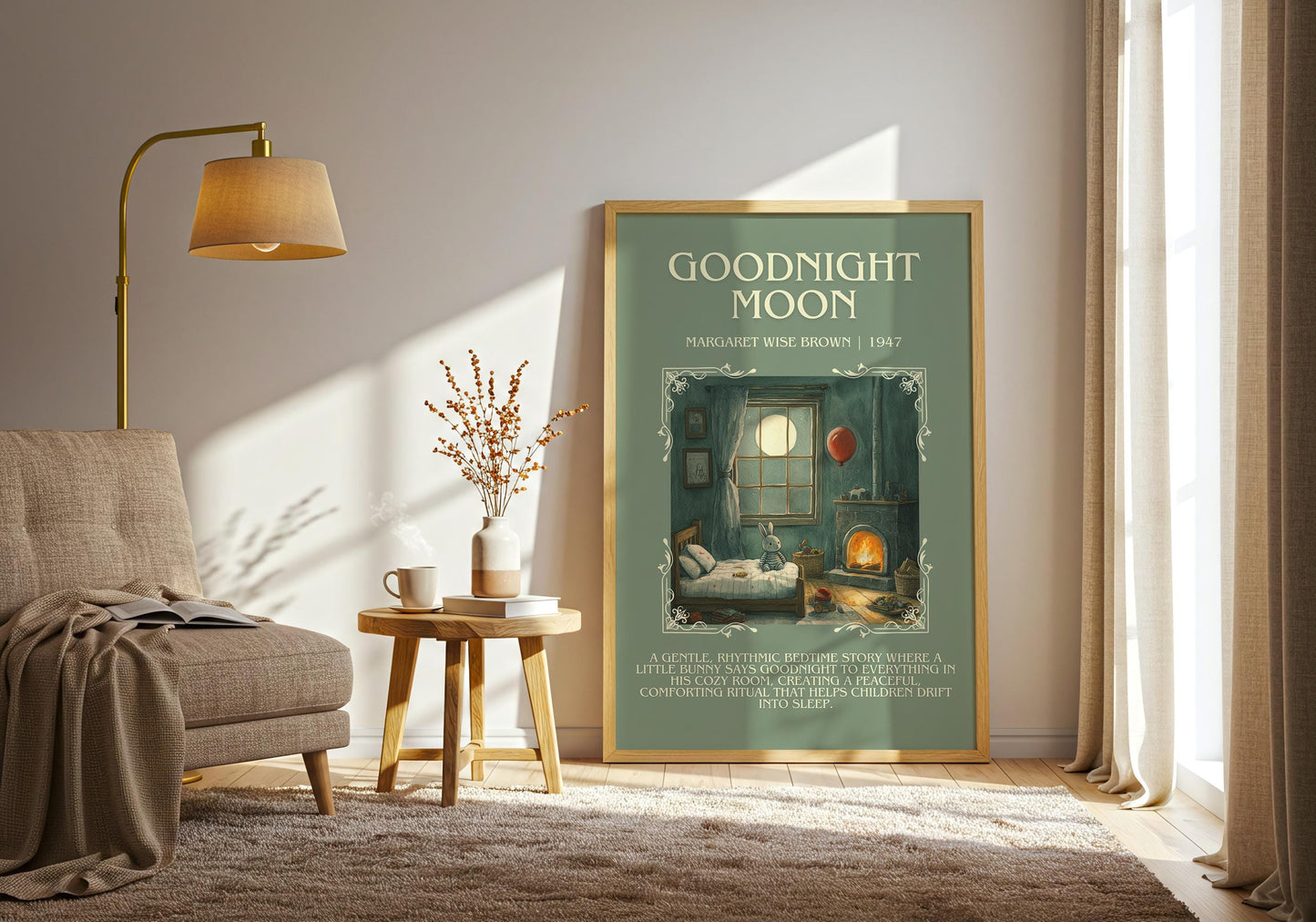 Goodnight Moon by Margaret Wise Brown Descriptive, High Quality Poster Print. Free Delivery Wall Art. Author and Blurb Book/Novel Artwork