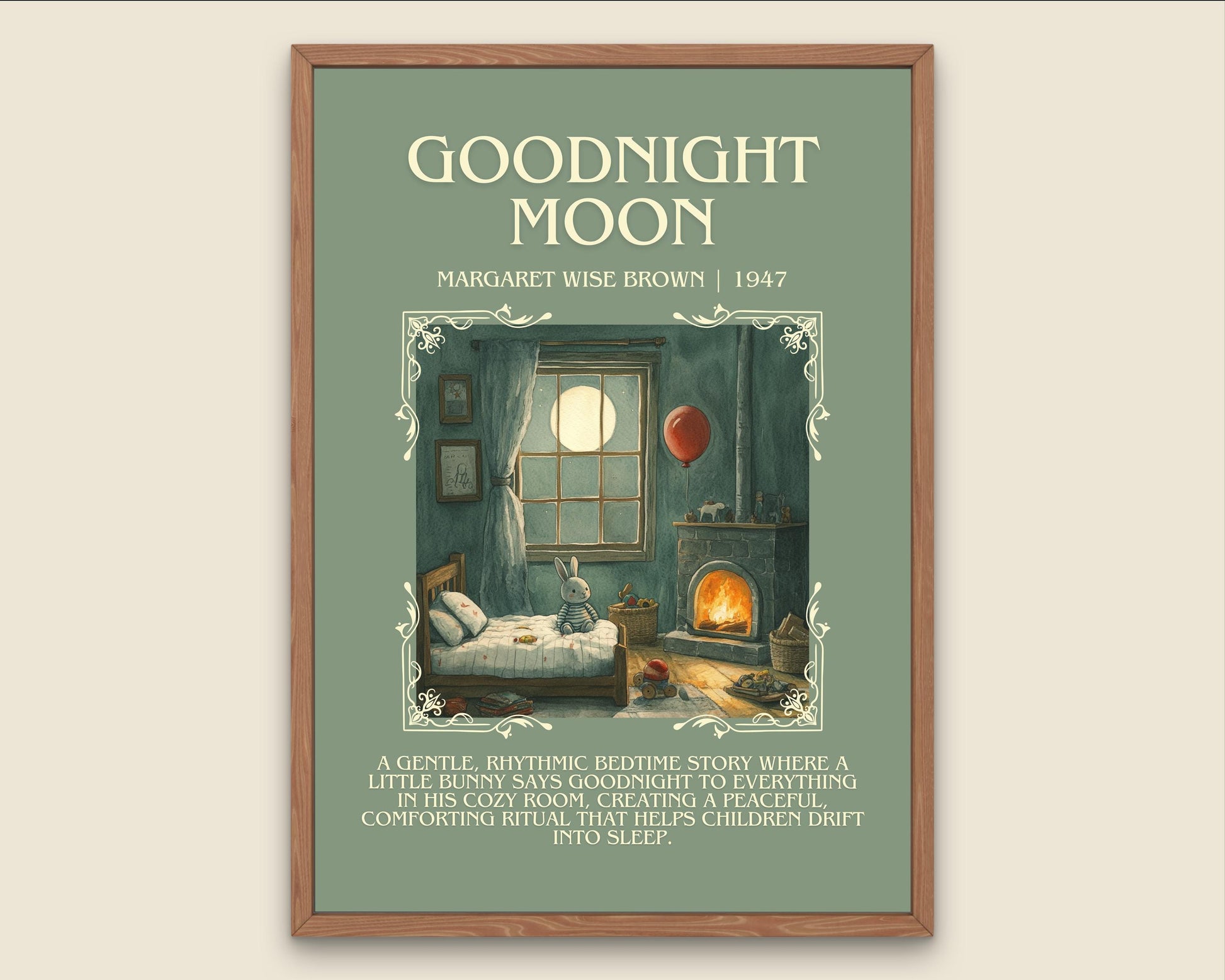 Goodnight Moon by Margaret Wise Brown Descriptive, High Quality Poster Print. Free Delivery Wall Art. Author and Blurb Book/Novel Artwork
