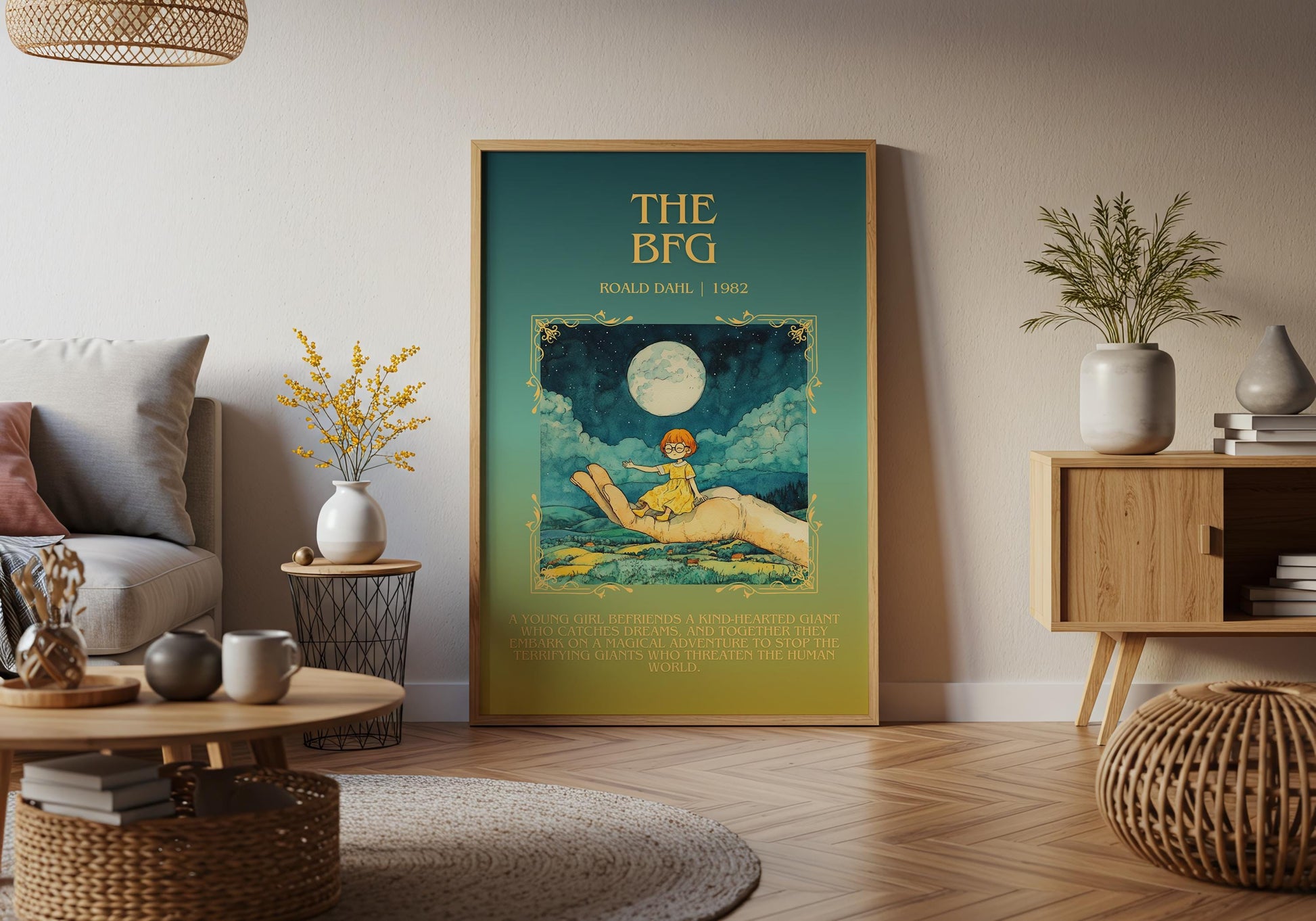 The BFG by Roald Dahl Descriptive, High Quality Poster Print. Free Delivery Wall Art. Author and Blurb Book Artwork. Gift Art for Home Kids
