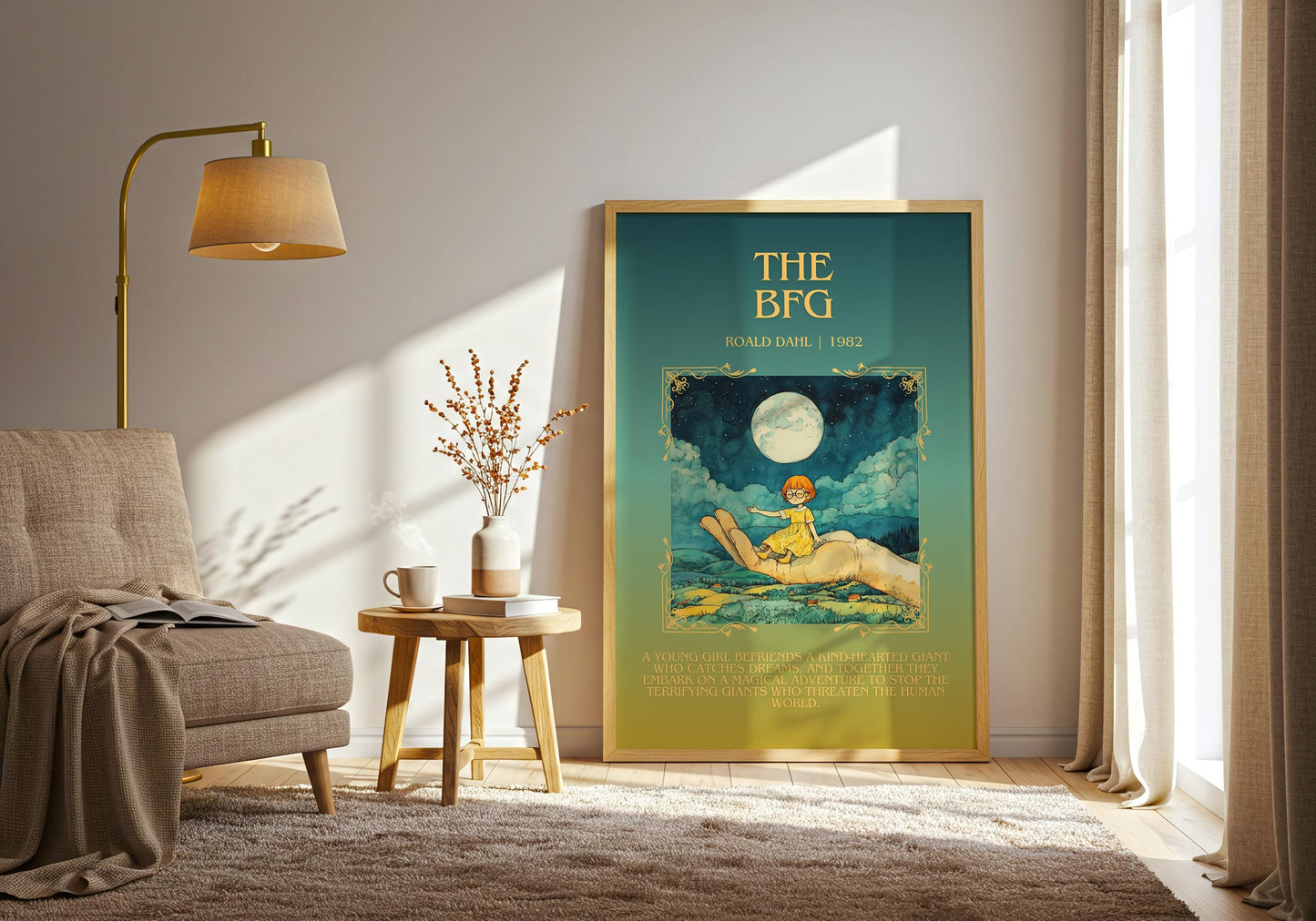 The BFG by Roald Dahl Descriptive, High Quality Poster Print. Free Delivery Wall Art. Author and Blurb Book Artwork. Gift Art for Home Kids