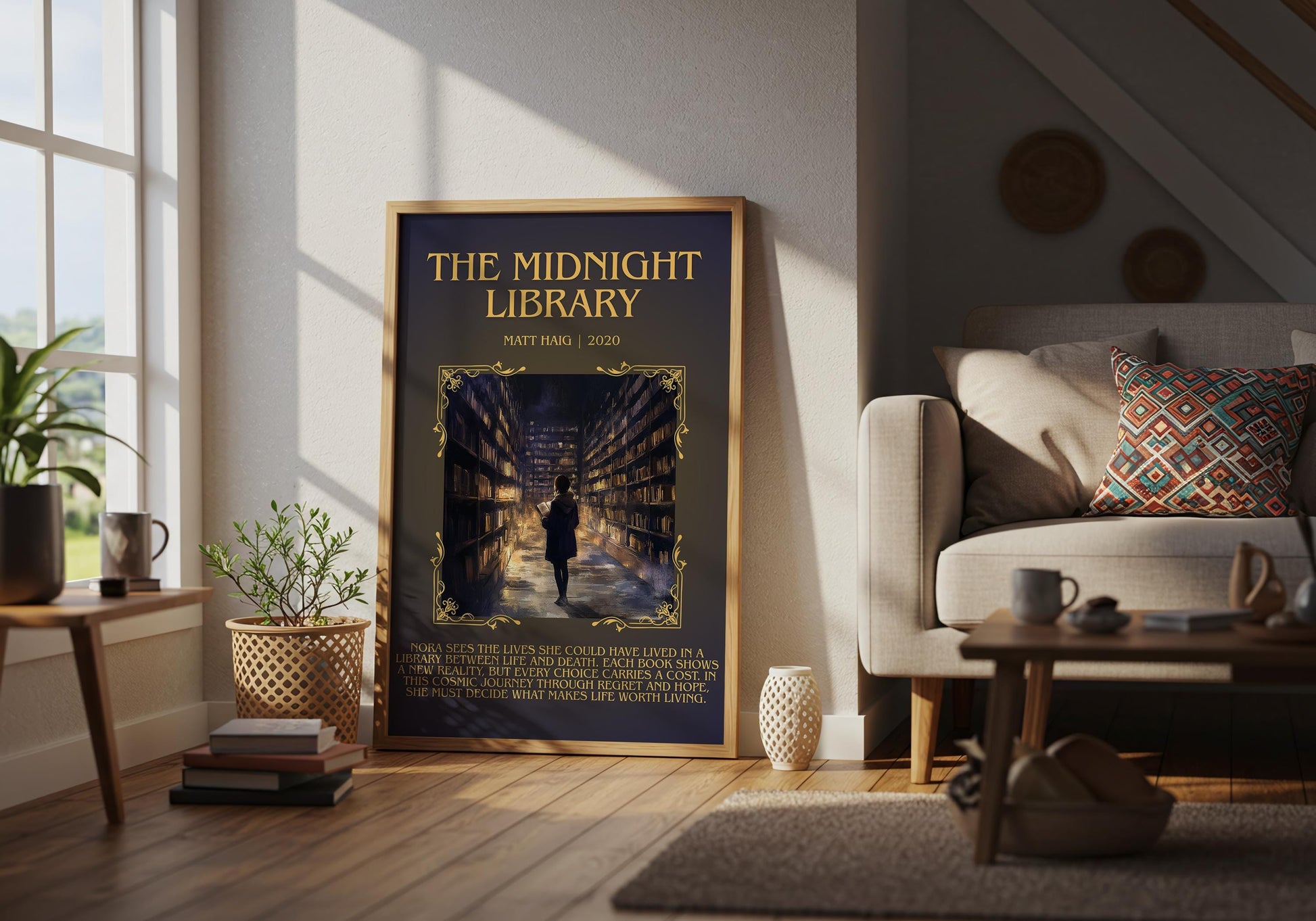 The Midnight Library by Matt Haig Descriptive, High Quality Poster Print.Free Delivery Wall Art.Author&Blurb Book Nook Gift Library