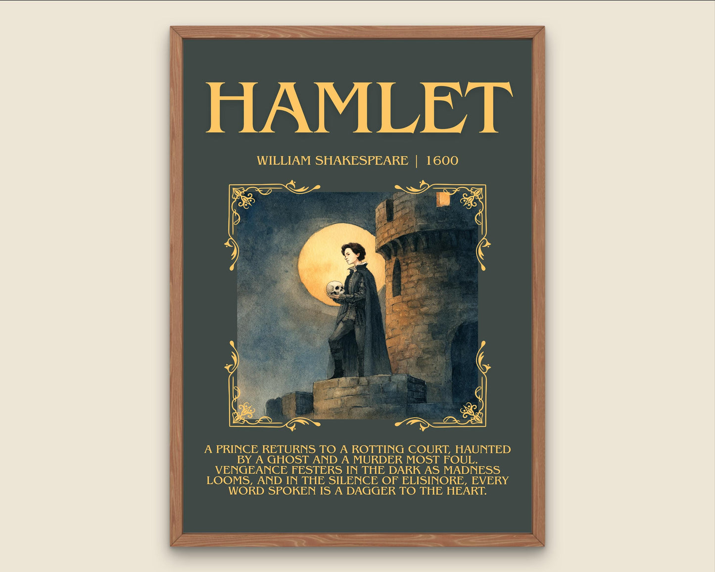 Hamlet by William Shakespeare Descriptive, High Quality Poster Print.Free Delivery Wall Art.Author&Blurb Book Nook Gift Library