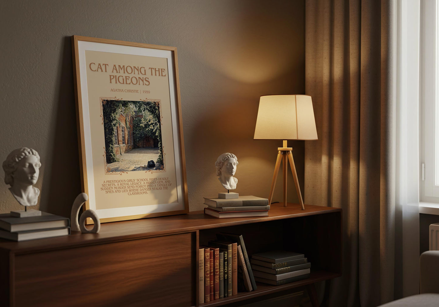 Cat Among The Pigeons by Agatha Christie Descriptive, High Quality Poster Print.Free Delivery Wall Art.Author & Blurb Book Artwork Gift Art