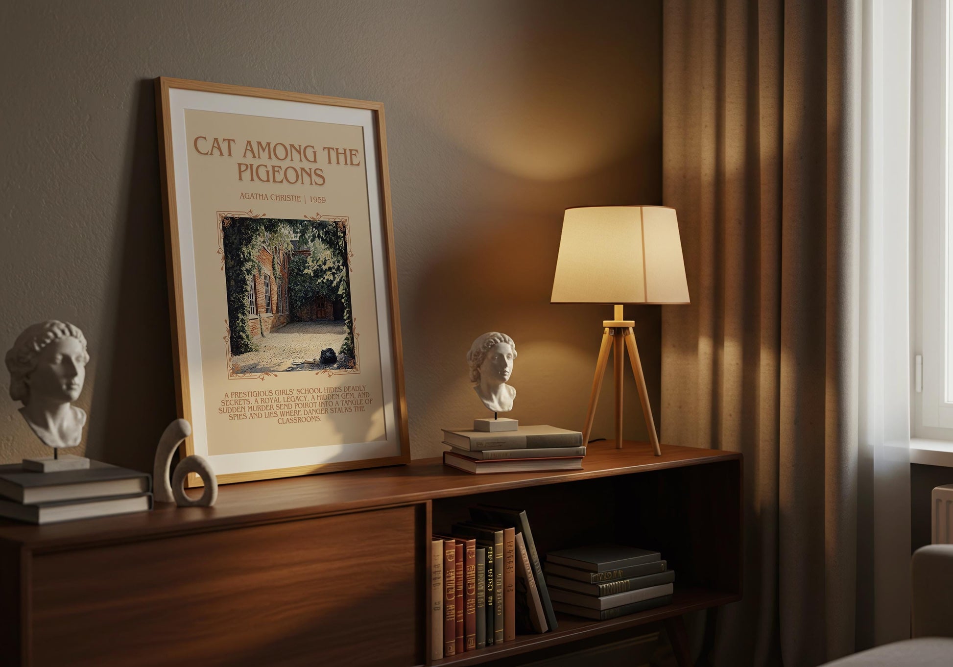 Cat Among The Pigeons by Agatha Christie Descriptive, High Quality Poster Print.Free Delivery Wall Art.Author & Blurb Book Artwork Gift Art