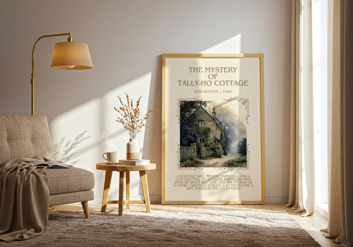The Mystery Of Tally-Ho Cottage by Enid Blyton Descriptive, High Quality Poster Print.Free Delivery Wall Art.Author&Blurb Book Nook Gift