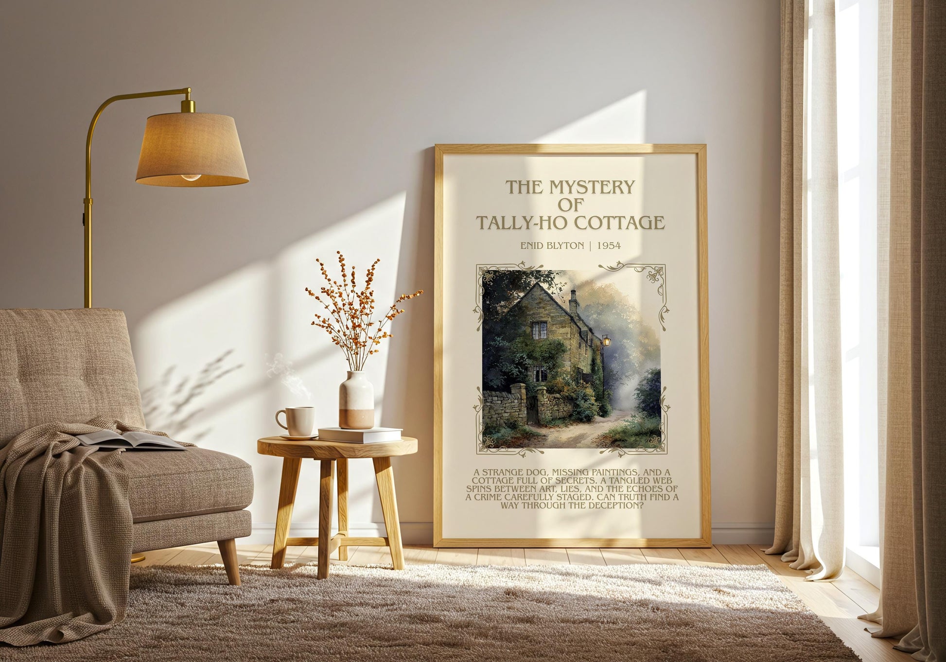 The Mystery Of Tally-Ho Cottage by Enid Blyton Descriptive, High Quality Poster Print.Free Delivery Wall Art.Author&Blurb Book Nook Gift