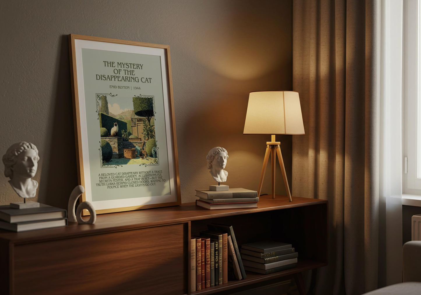 The Mystery Of The Disappearing Cat by Enid Blyton Descriptive, High Quality Poster Print.Free Delivery Wall Art.Author&Blurb Book Nook Gift