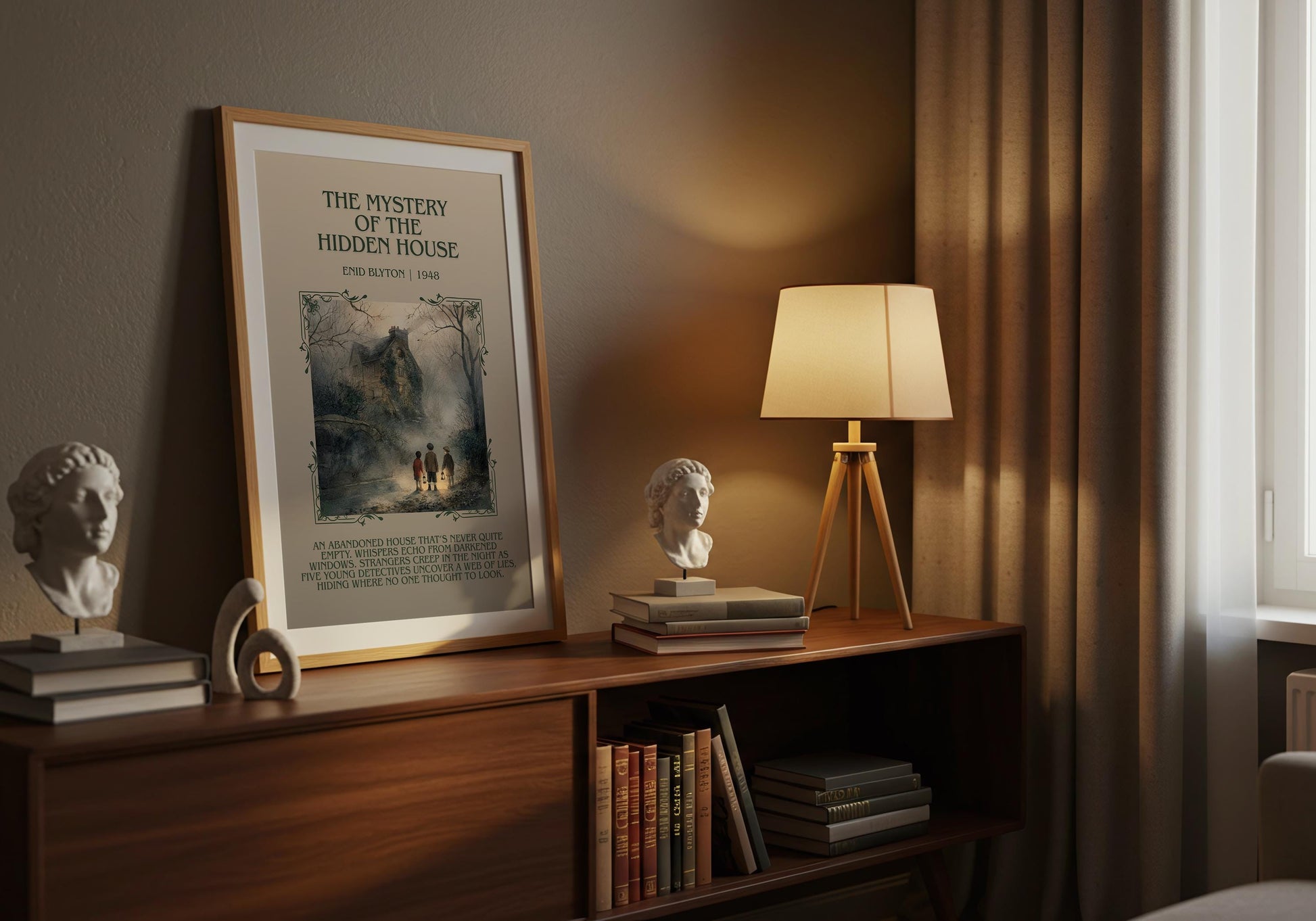 The Mystery Of The Hidden House by Enid Blyton Descriptive, High Quality Poster Print.Free Delivery Wall Art.Author&Blurb Book Nook Gift