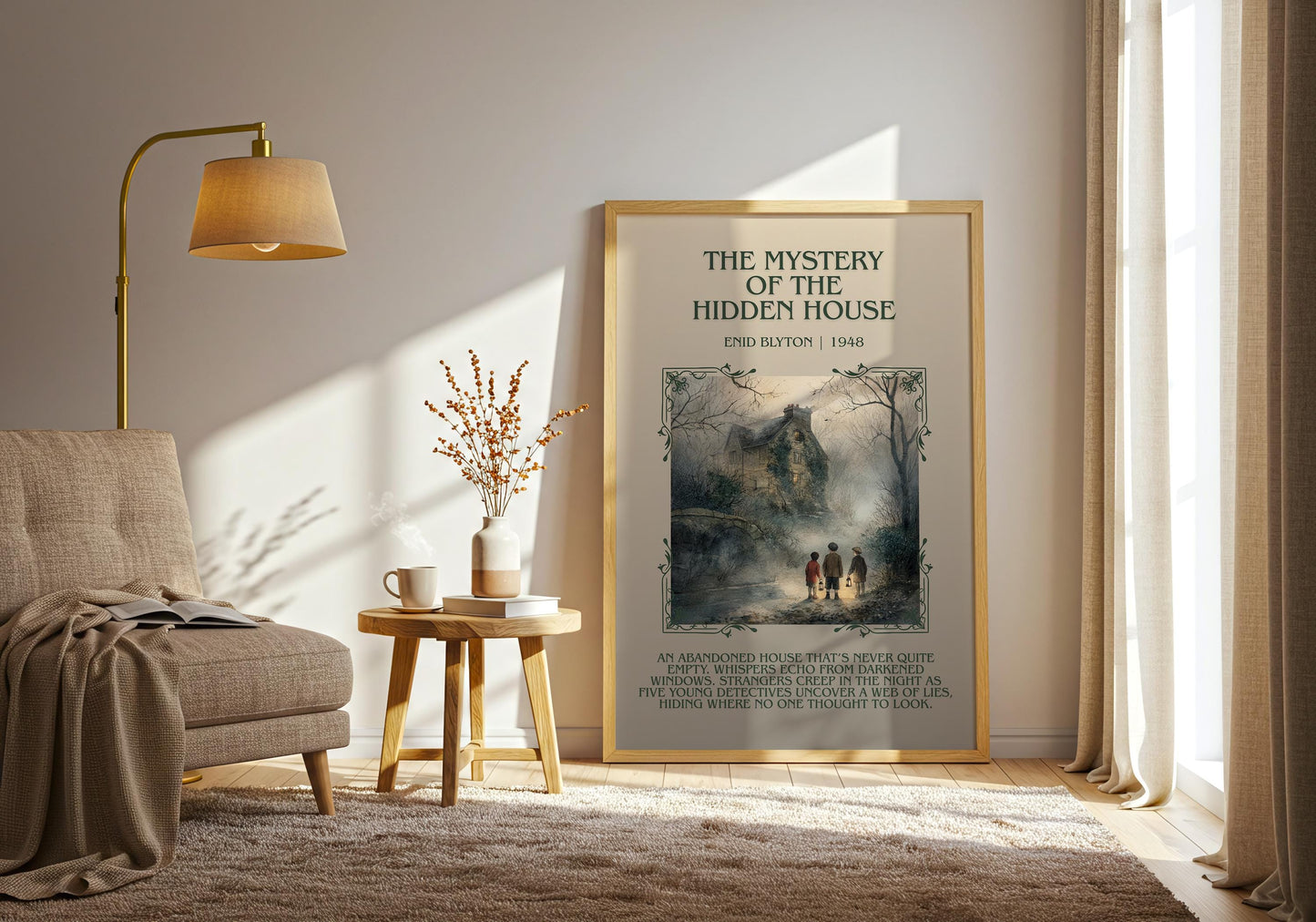 The Mystery Of The Hidden House by Enid Blyton Descriptive, High Quality Poster Print.Free Delivery Wall Art.Author&Blurb Book Nook Gift