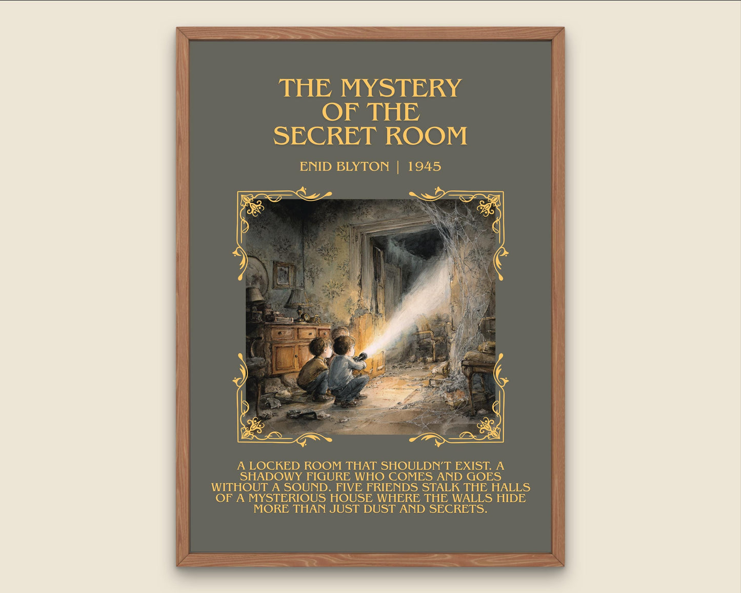 The Mystery Of The Secret Room by Enid Blyton Descriptive, High Quality Poster Print.Free Delivery Wall Art.Author&Blurb Book Nook Gift