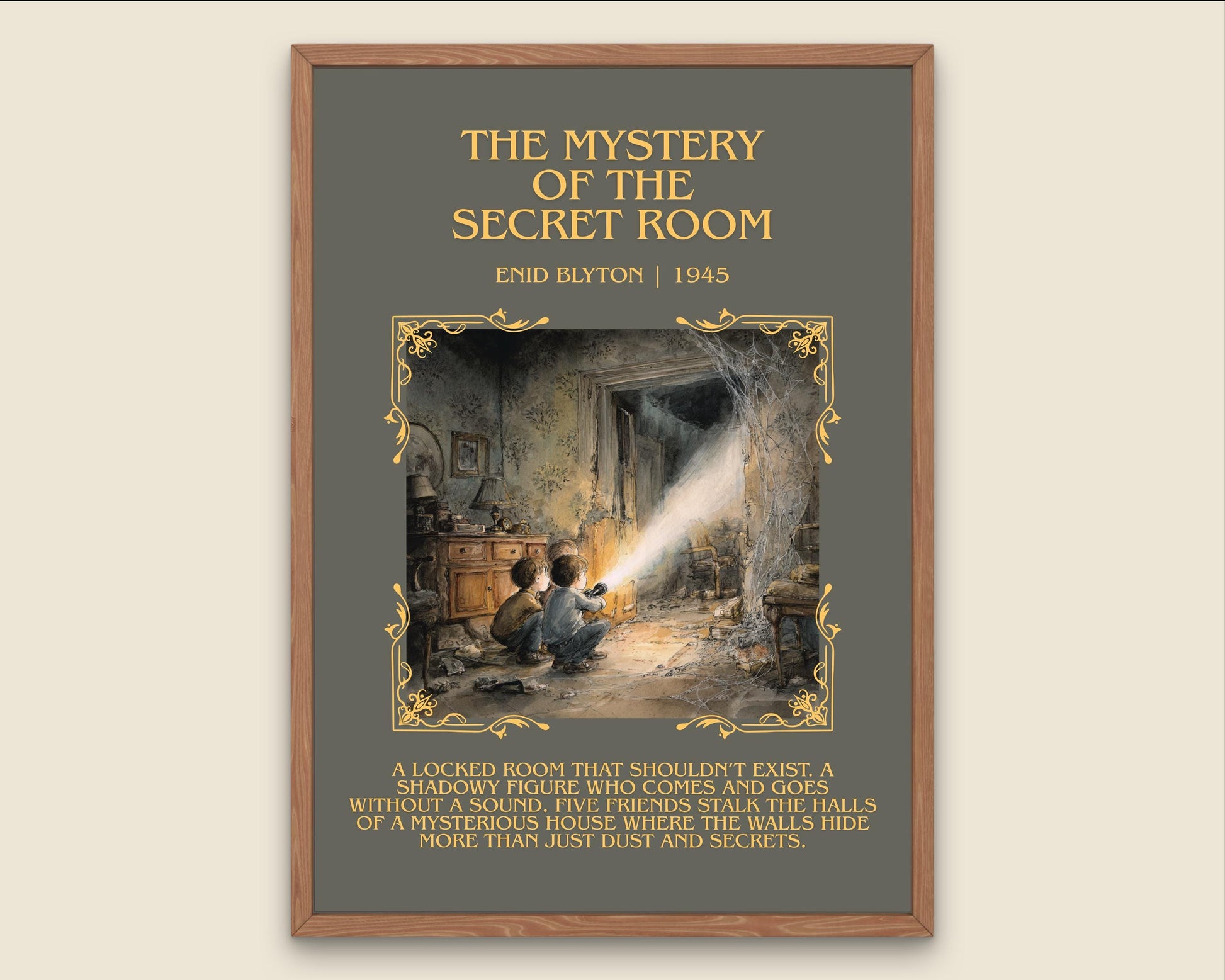 The Mystery Of The Secret Room by Enid Blyton Descriptive, High Quality Poster Print.Free Delivery Wall Art.Author&Blurb Book Nook Gift
