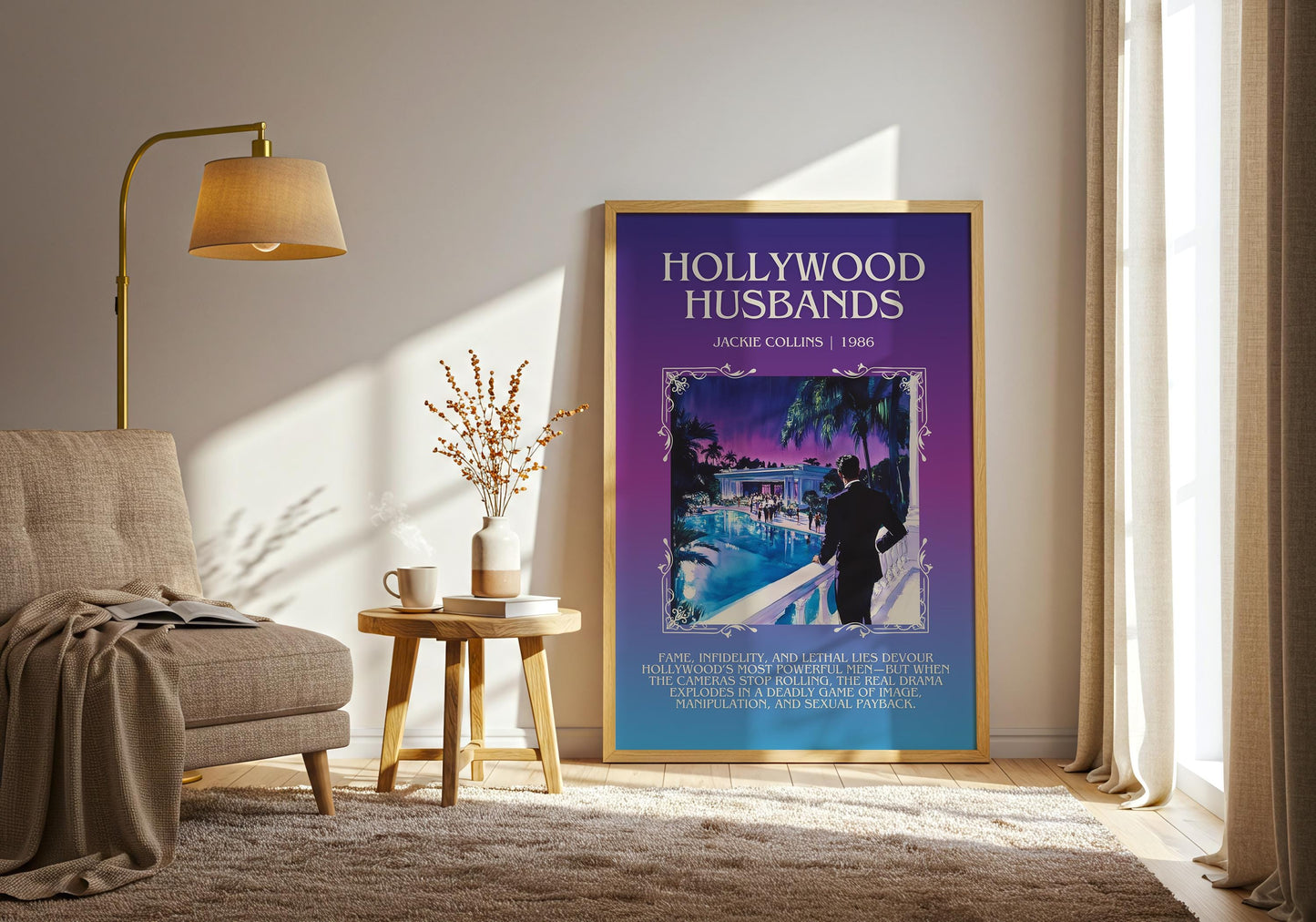 Hollywood Husbands by Jackie Collins Descriptive, High Quality Poster Print.Free Delivery Wall Art.Author&Blurb Book Artwork.Decor Gift