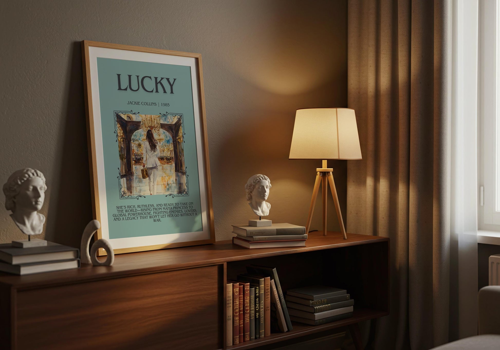 Lucky by Jackie Collins Descriptive, High Quality Poster Print.Free Delivery Wall Art. Author&Blurb Book Artwork Novel Nook Library Gift