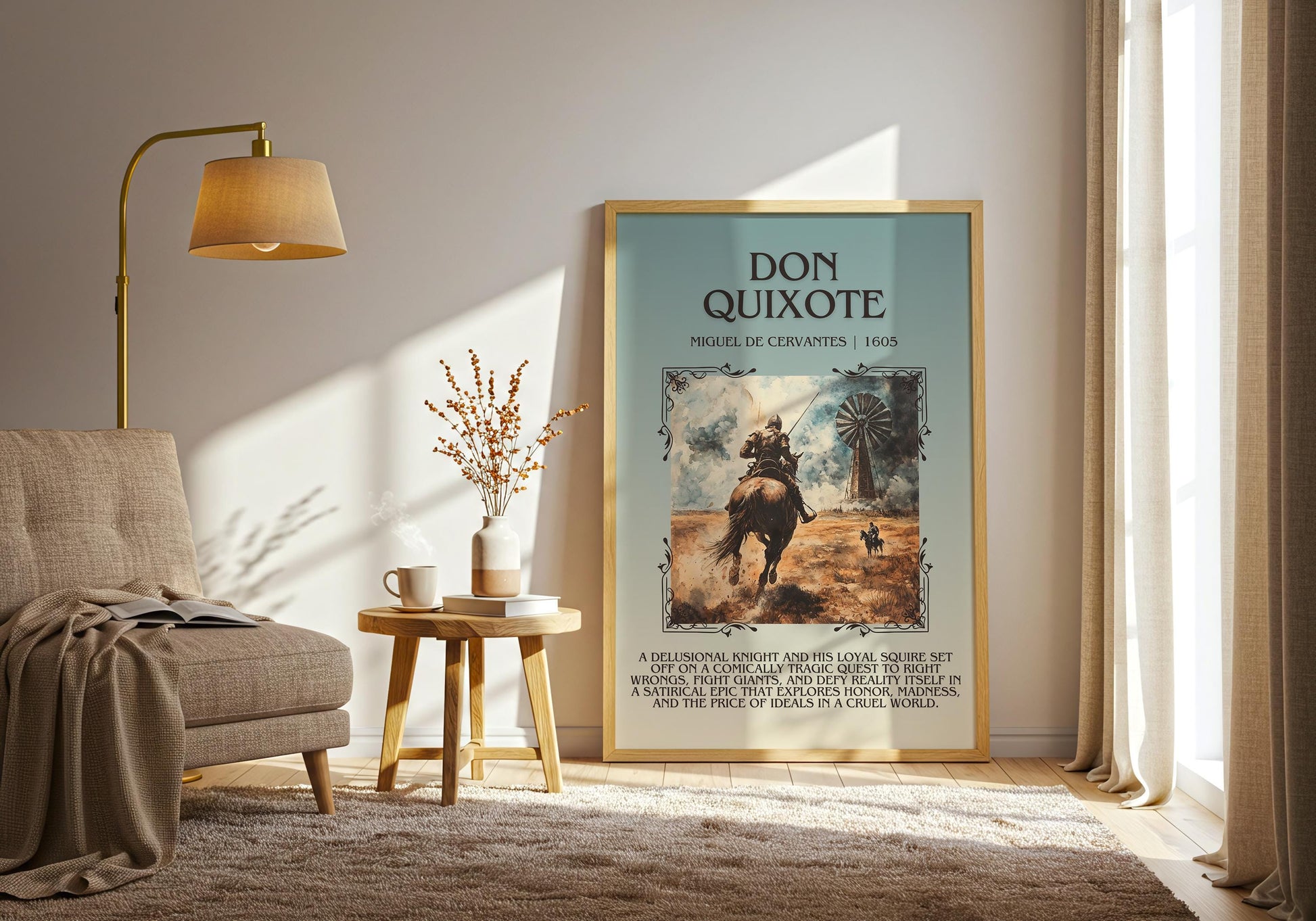 Don Quixote by Miguel De Cervantes Descriptive, High Quality Poster Print.Free Delivery Wall Art. Author&Blurb Book Artwork Novel Nook Gift